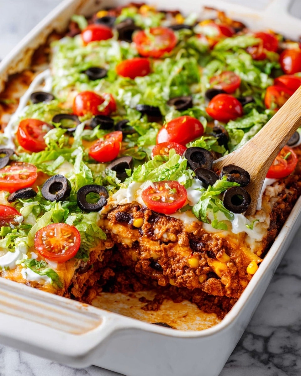 A white rectangular dish filled with a layered casserole showing a browned and melted cheese base topped with a thick layer of cooked seasoned ground meat mixed with black beans and corn. Above this, there is a fresh layer of bright green shredded lettuce scattered with sliced black olives and halved red cherry tomatoes. Light cream sauce is drizzled over the top. A wooden spoon is scooping a serving, revealing the layers clearly. The dish sits on a white marbled surface. Photo taken with an iphone --ar 4:5 --v 7