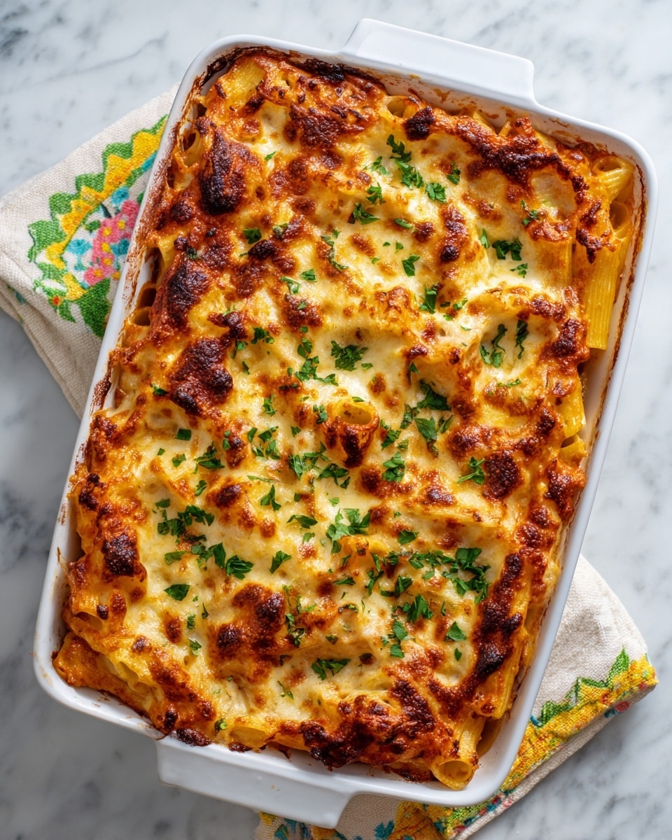 A white rectangular baking dish filled with baked pasta, showing multiple layers: the bottom layer is rigatoni pasta mixed with red tomato sauce, the middle layer is melted cheese that is golden brown and bubbly with some darker browned spots, and the top layer is sprinkled with fresh chopped green parsley. The pasta has a slightly textured look from the sauce and cheese. The dish rests on a white marbled surface with parts of a towel showing colorful green and yellow patterns near the edges. Photo taken with an iphone --ar 4:5 --v 7