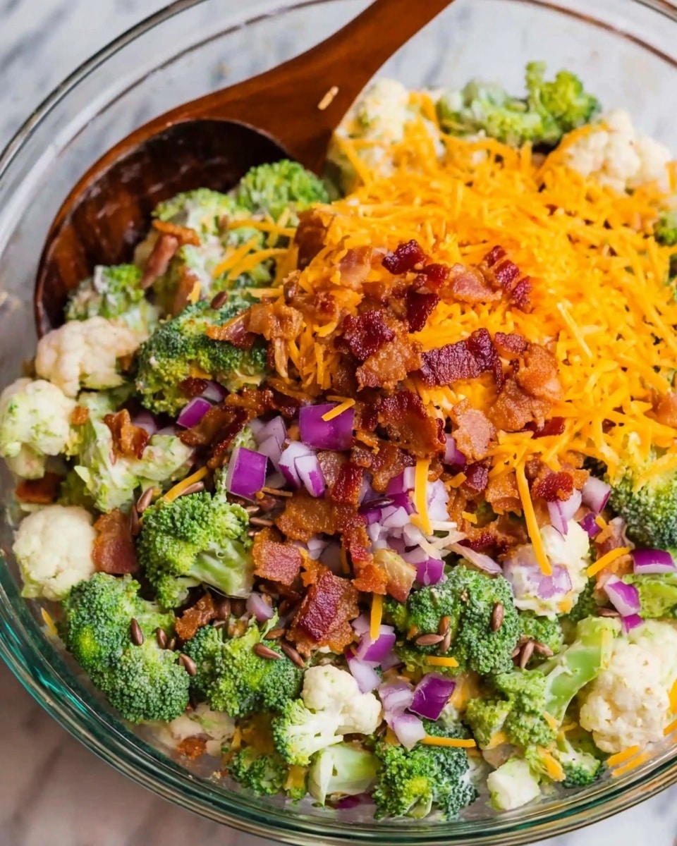 A clear glass bowl filled with a salad of broccoli and cauliflower florets as the base layer, showing green and white colors with a rough texture. On top, there are small pieces of crispy bacon with a reddish-brown color, scattered with chopped purple-red onions. The dish is finished with a generous layer of bright orange shredded cheddar cheese and sprinkled light brown sunflower seeds, adding a crunchy texture. A dark wooden spoon rests on the left side inside the bowl, and the bowl sits on a white marbled surface. Photo taken with an iphone --ar 4:5 --v 7
