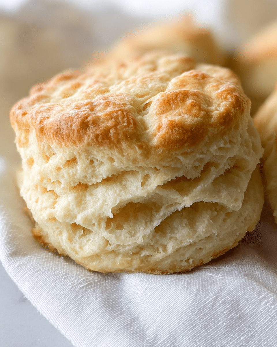 The image shows a close-up of a single biscuit with two visible layers, with a golden-brown top layer that is soft and slightly crumbly, and a lighter, airy bottom layer that has a rough, flaky texture. The biscuit sits on a white cloth that rests on a wooden board. In the blurred background, there are other similar biscuits, one placed on a white plate, all on a white marbled surface with a dark purple cloth. The focus is clear on the front biscuit, showing its delicate texture and layers. photo taken with an iphone --ar 4:5 --v 7