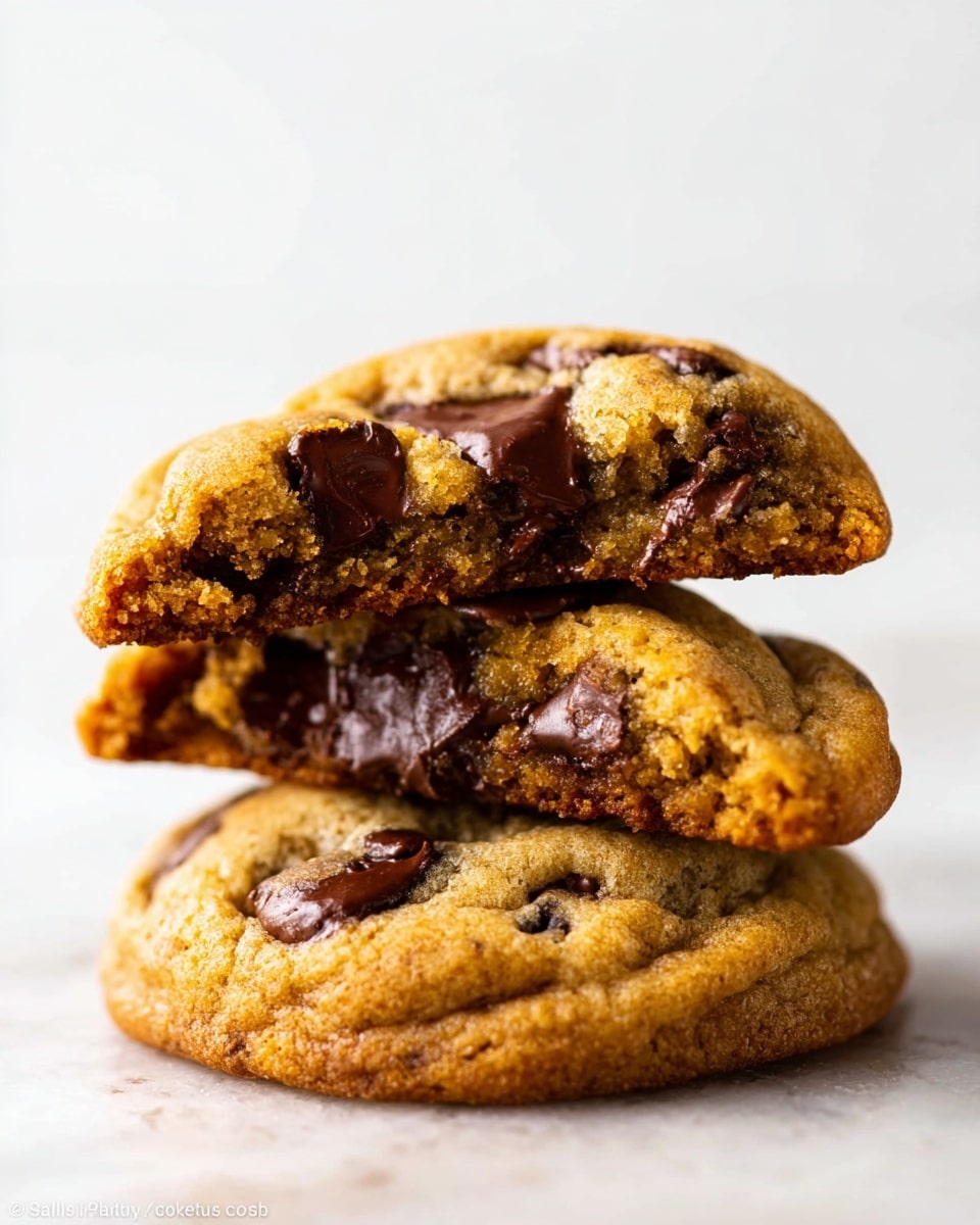 A close-up image of two soft, thick chocolate chip cookies stacked on top of each other, with the top cookie broken in half showing a chewy, golden-brown inside filled with melted dark chocolate chunks. The cookie surface has a slightly rough texture with visible chocolate chips embedded, and the colors range from light golden to deep brown where the chocolate is melted. The background is a white marbled texture that highlights the warm tones of the cookies. photo taken with an iphone --ar 4:5 --v 7