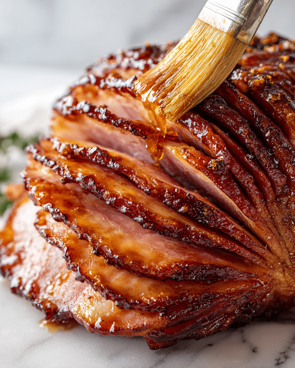 A spiral-sliced cooked ham sits on a white plate, with the meat showing many thin layers stacked closely. Each layer is a pinkish-brown color with a shiny glaze, making the surface look sticky and sweet. The glaze drips slightly down the sides of the ham, pooling on the plate beneath. The plate rests on a white marbled surface that highlights the rich colors of the ham. photo taken with an iphone --ar 4:5 --v 7