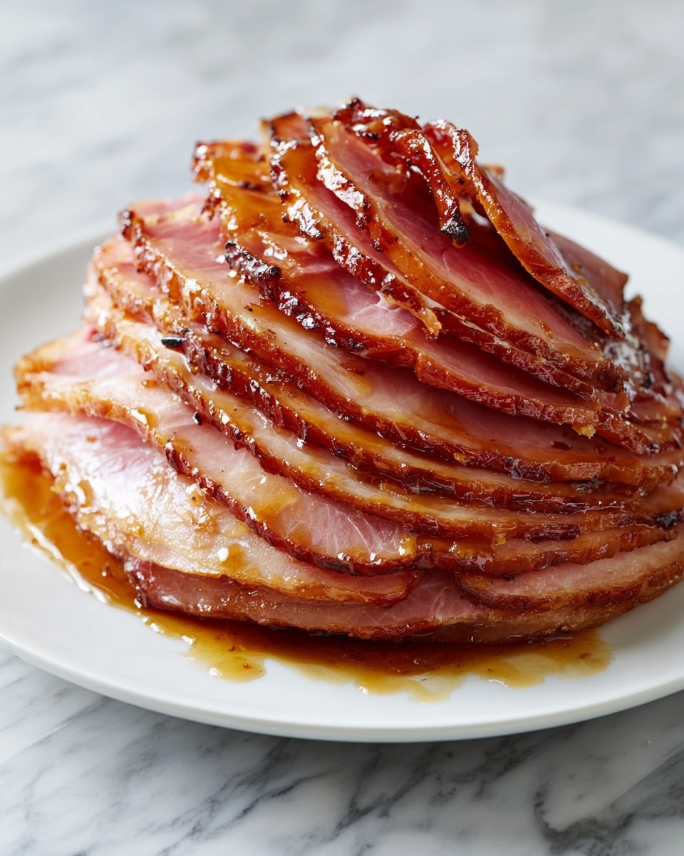 The image shows a close-up of a thick, spiral-cut ham with multiple layers clearly visible. The ham has a rich, glossy brown glaze brushed over it, giving it a shiny, smooth texture. The surface is caramelized with dark golden spots and the sliced layers reveal a tender, pink interior. A wooden brush with glaze is being used to spread the sauce over the top, highlighting the moist, sticky coating. The background is a white marbled texture. photo taken with an iphone --ar 4:5 --v 7