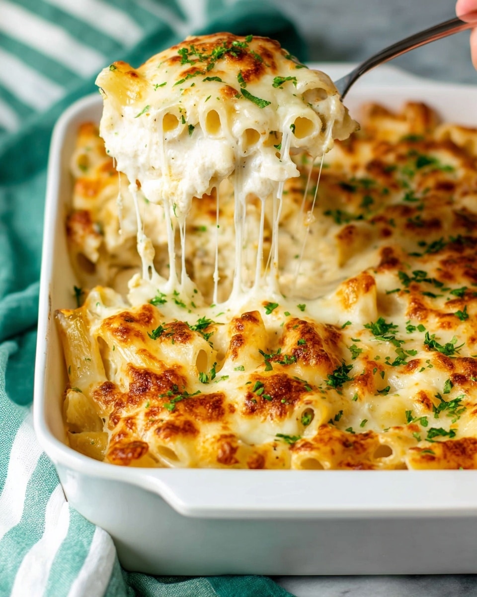 A white rectangular baking dish filled with baked pasta, showing three visible layers: the bottom layer has yellow pasta pieces, the middle layer is creamy white sauce with chunks of chicken, and the top layer is melted, golden-brown cheese with small green parsley sprinkles evenly spread across. The edges of the pasta stick out slightly, and the cheese has browned spots giving a crispy texture on top. The dish sits on a white marbled surface with a green and white striped cloth partially shown at the side. photo taken with an iphone --ar 4:5 --v 7