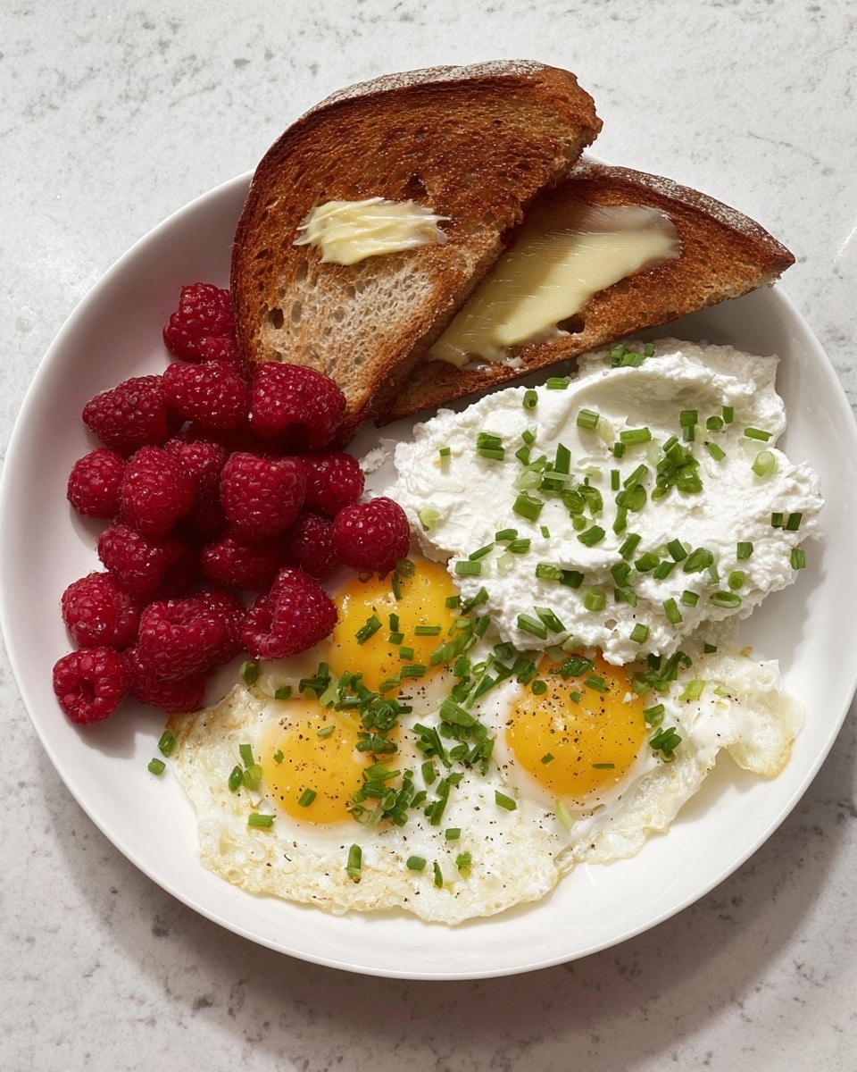 A white round plate holds a breakfast with three main parts: on the left side, there are fresh red raspberries forming a small heap; in the center and slightly to the bottom, three fried eggs with bright yellow yolks and white edges are sprinkled with chopped green onions; on the right side, a scoop of creamy white cottage cheese is also garnished with green onions. Two slices of toasted brown bread rest on the top right of the plate, each with a light spread of butter or a yellowish spread. The plate sits on a white marbled surface. Photo taken with an iphone --ar 4:5 --v 7