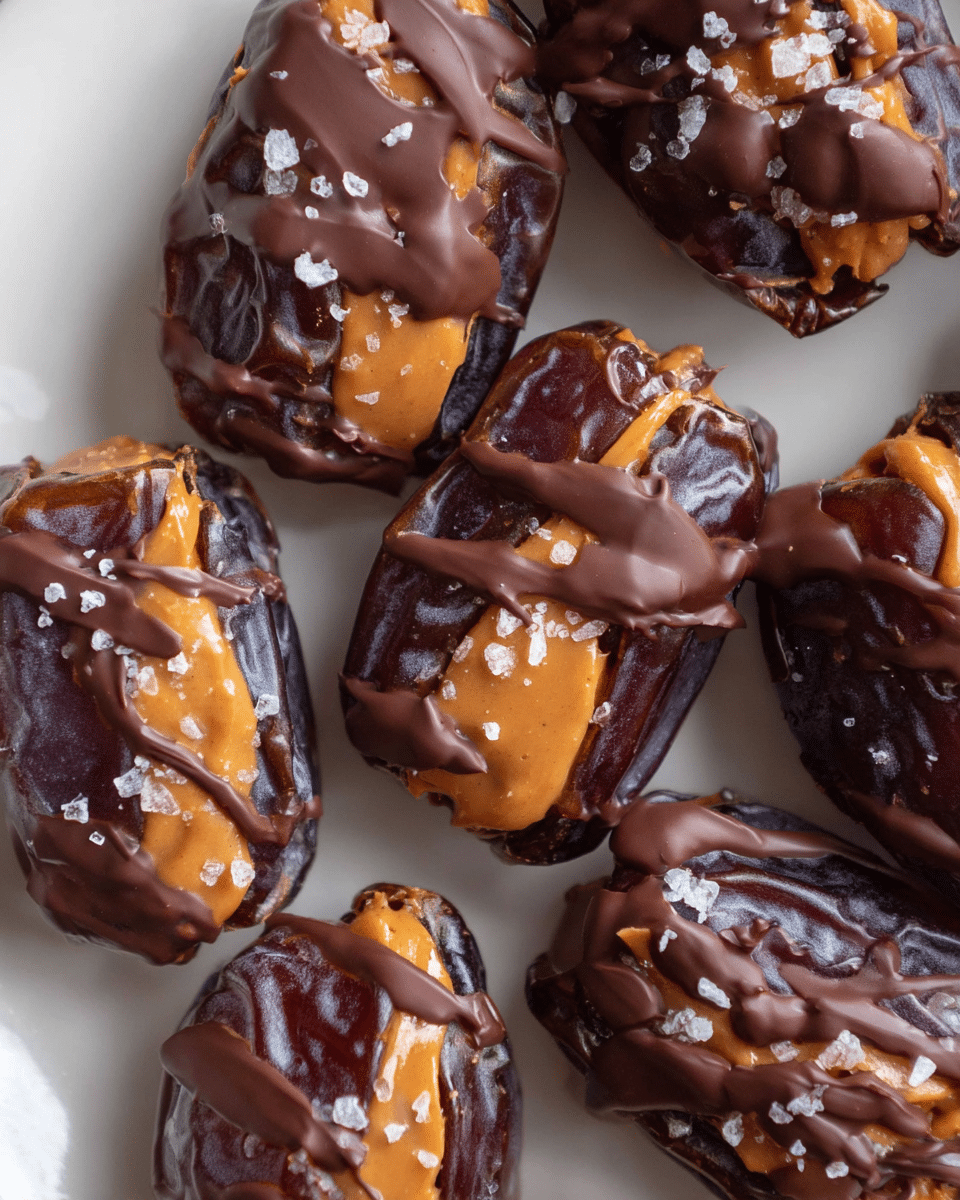 The image shows several stuffed dates arranged close together on a white plate. Each date is dark brown and wrinkled, filled with a smooth, light brown peanut butter layer visible at the center. They are topped with thick, glossy dark chocolate drizzles that cover part of the peanut butter and the dates. Small flakes of coarse sea salt are sprinkled across the chocolate, adding texture and contrast. The background surface is a white marbled texture. photo taken with an iphone --ar 4:5 --v 7