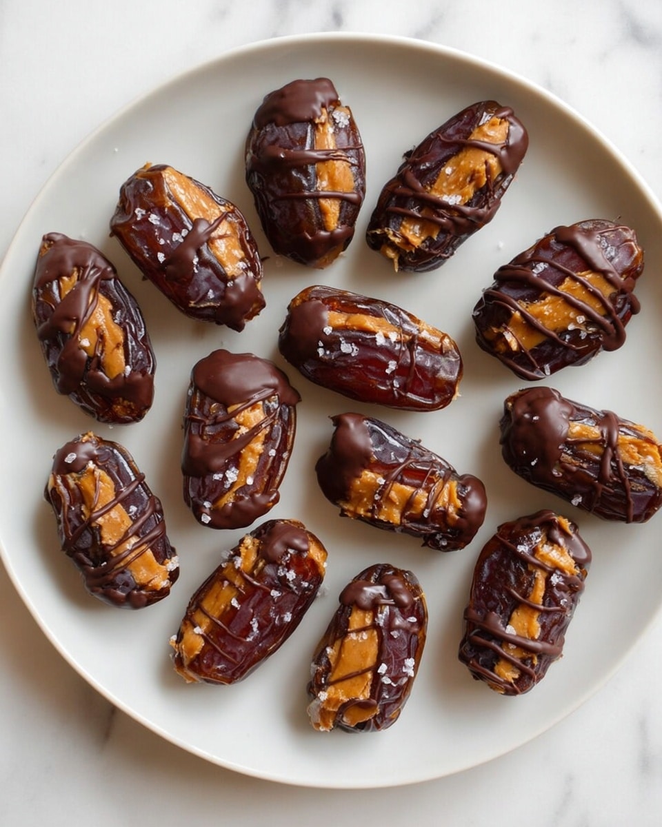 A white plate holds fifteen stuffed dates arranged in an irregular circle. Each date has a dark brown, glossy outer skin with a wrinkled texture. They are filled with a smooth, light brown peanut butter layer, visible through splits in the dates. The dates are topped with melted dark chocolate drizzled unevenly, allowing the peanut butter to show beneath in places, and a few specks of coarse salt are scattered on top. The plate rests on a white marbled surface, and the lighting highlights the glossy chocolate and the textures of the dates and peanut butter. photo taken with an iphone --ar 4:5 --v 7
