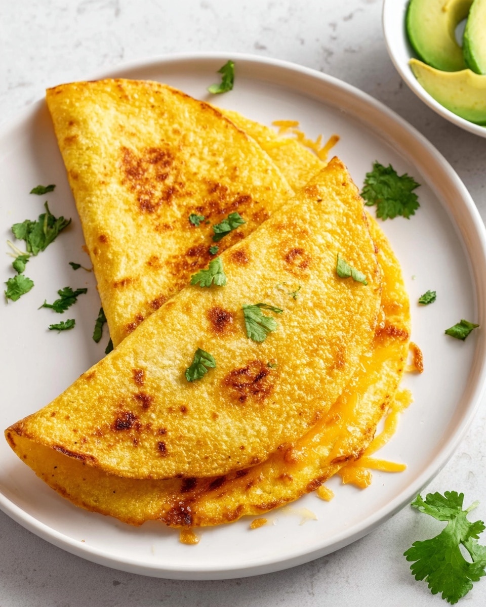 Two golden yellow corn tortillas are folded in half and placed slightly overlapping on a white plate with a white marbled texture background. The closest tortilla is smooth and slightly crispy with some toasted spots, while the second shows melted cheddar cheese oozing out from its edges with crispy browned bits. Small green cilantro leaves are scattered on the tortillas and around the plate. To the upper right, there is a white bowl with sliced avocado on the same white marbled surface. photo taken with an iphone --ar 4:5 --v 7