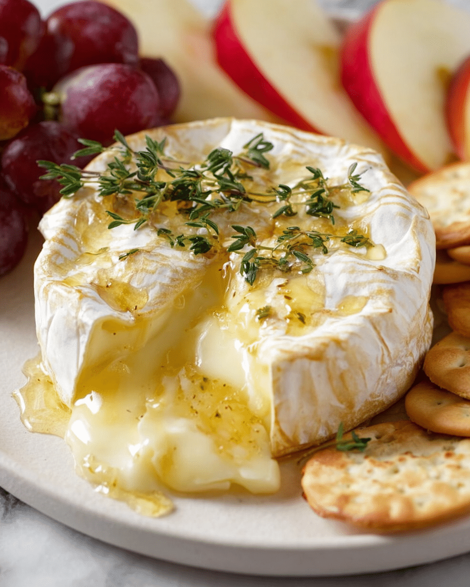 A round wheel of baked Camembert cheese with a white rind and creamy, soft yellow interior that is gooey and spilling out from a wedge cut in the front; the top of the cheese is covered with fresh green thyme sprigs and golden drops of honey. The cheese sits on a white plate with thin, toasted crackers on one side and red grapes along with sliced apple pieces in the background on a white marbled surface. photo taken with an iphone --ar 4:5 --v 7