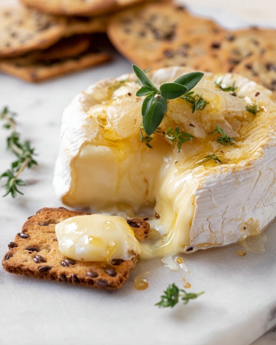 The image shows a glowing soft cheese with a white rind and a cut section revealing a creamy, light yellow inside. On top of a toasted, small square crispy cracker, there is a generous piece of the melted cheese, topped with a small green herb leaf. The cheese has a shiny, smooth texture with a slightly gooey look. More toasted crackers with visible seeds are placed nearby on a white plate, all set on a white marbled surface. Small herb sprigs and little drops of honey or syrup decorate the cheese and plate. Photo taken with an iphone --ar 4:5 --v 7
