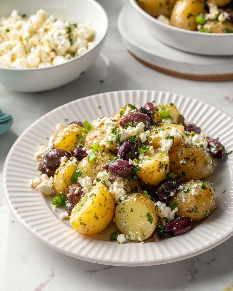 The image shows a white round plate with ridged edges holding a potato salad made of two layers: the bottom layer is halved golden baby potatoes with herbs and small green onion pieces mixed evenly, giving a textured and fresh look; the top layer has dark purple and brown olives, crumbled white feta cheese scattered over the potatoes, and finely chopped green herbs all mixed together. In the background, there is a white bowl filled with more crumbled feta cheese and a larger white bowl with the same potato salad. The setting is on a white marble surface with soft lighting. Photo taken with an iphone --ar 4:5 --v 7