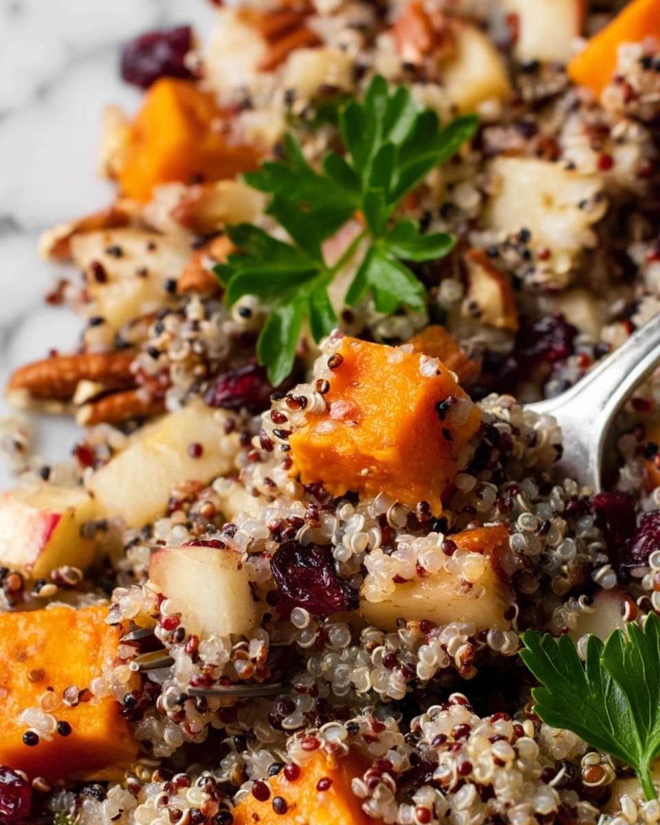 The image shows a close-up of a quinoa salad with two visible layers. The base layer consists of cooked quinoa with white, red, and black grains mixed together, creating a light and speckled texture. On top, there are bright orange roasted sweet potato chunks and pale yellow apple pieces with red skin bits that add spots of color. Dark red dried cranberry pieces and light brown pecan bits are scattered throughout, adding texture and contrast. Fresh green parsley leaves garnish the salad, sitting prominently near the center. A silver fork is partially buried in the salad, resting on the quinoa and sweet potatoes. The entire dish is set against a white marbled texture background. photo taken with an iphone --ar 4:5 --v 7