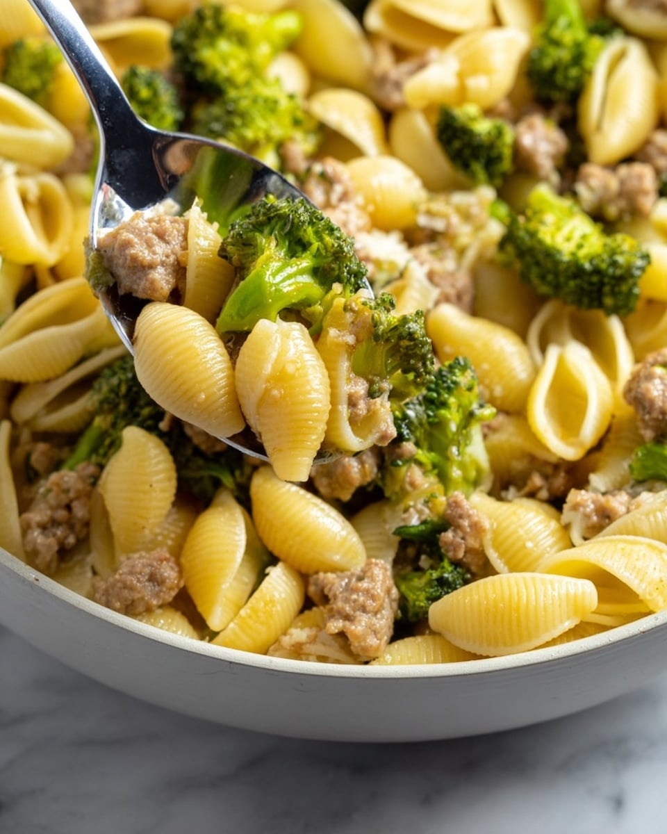 The image shows a close-up of a pasta dish in a white bowl, filled with small yellow shell pasta mixed with pieces of light brown cooked ground meat and bright green broccoli florets. The pasta looks soft and slightly shiny, coated with a light sauce, while the meat pieces are chunky and textured, scattered throughout. A silver spoon is scooping a portion, reflecting some pasta and meat, adding a shiny contrast. The background surface is a white marble texture, giving a clean and fresh look photo taken with an iphone --ar 4:5 --v 7