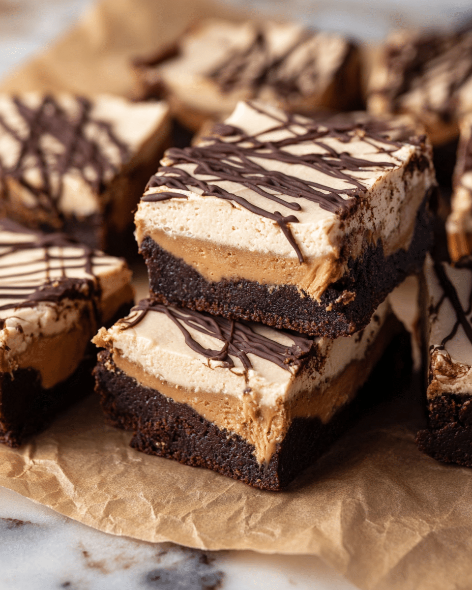 This image shows several square pieces of chocolate dessert placed on brown parchment paper over a white marbled surface. Each piece has three distinct layers: a dark brown, moist chocolate base at the bottom, a middle layer of lighter brown peanut butter filling, and a top layer of light beige creamy frosting. The frosting layer is decorated with thin, dark chocolate drizzle lines running diagonally across the squares. One piece is tilted to display its layered interior clearly in the center, adding texture contrast and depth to the image. Photo taken with an iphone --ar 4:5 --v 7