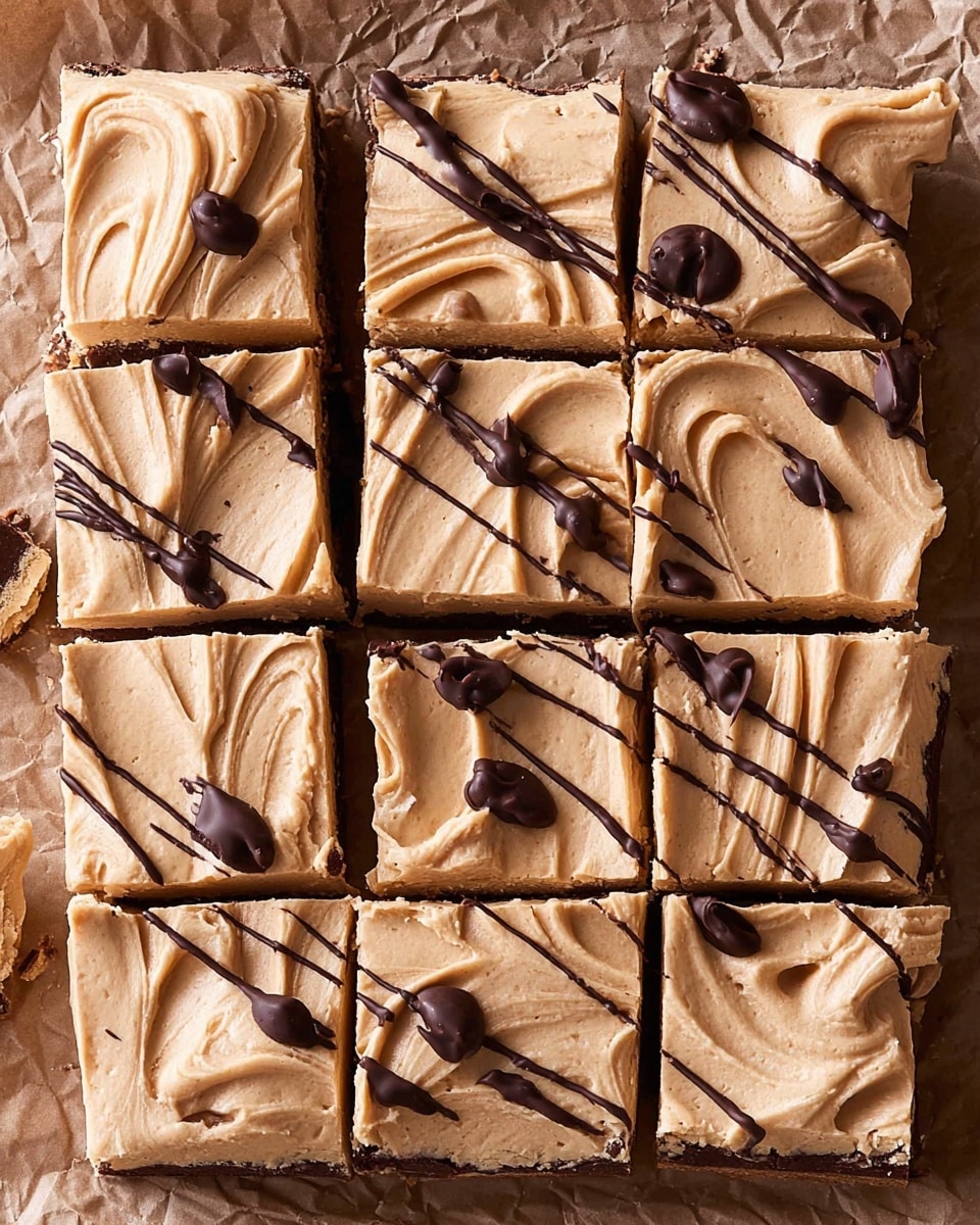 A close-up top view of a set of sixteen square dessert bars arranged in a 4x4 grid on crumpled brown parchment paper. Each bar has two visible layers: a bottom darker chocolate layer and a thicker, creamy light tan top layer with a smooth, swirled texture. The top is decorated with thin, irregular drizzles and some larger dollops of dark chocolate, creating a contrast against the tan frosting. The bark has uneven edges and a few broken pieces. photo taken with an iphone --ar 4:5 --v 7