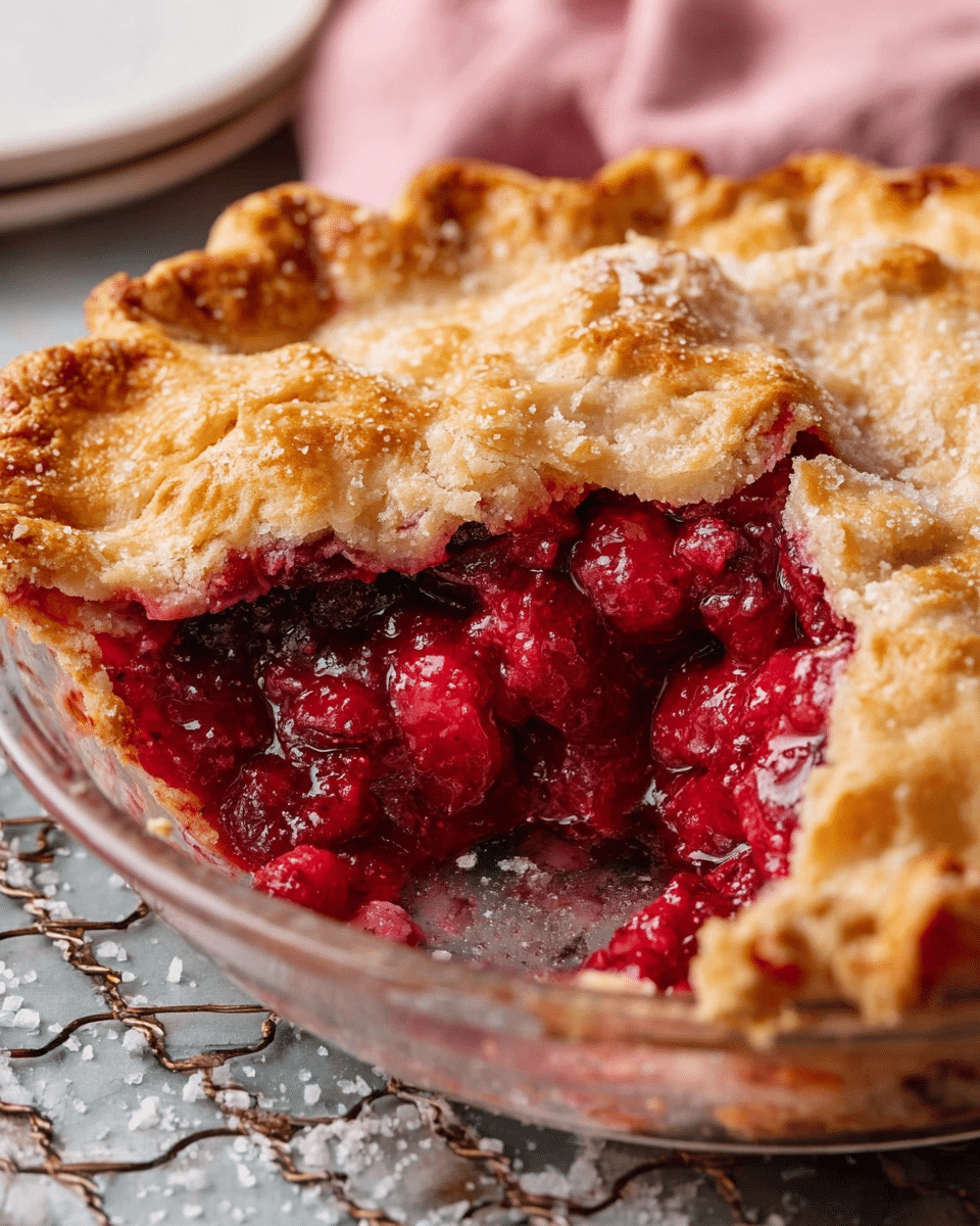 A close-up view of a half-eaten pie on a clear glass pie dish, showing two main layers: a thick, golden-brown top crust with a flaky, slightly uneven texture and a juicy, deep red filling made of whole and crushed berries spilling out from the missing slice. The pie dish sits on a wire rack over a white marbled surface sprinkled with coarse salt. In the background, part of a white plate and a soft pink cloth are visible, adding subtle color contrast. Photo taken with an iphone --ar 4:5 --v 7