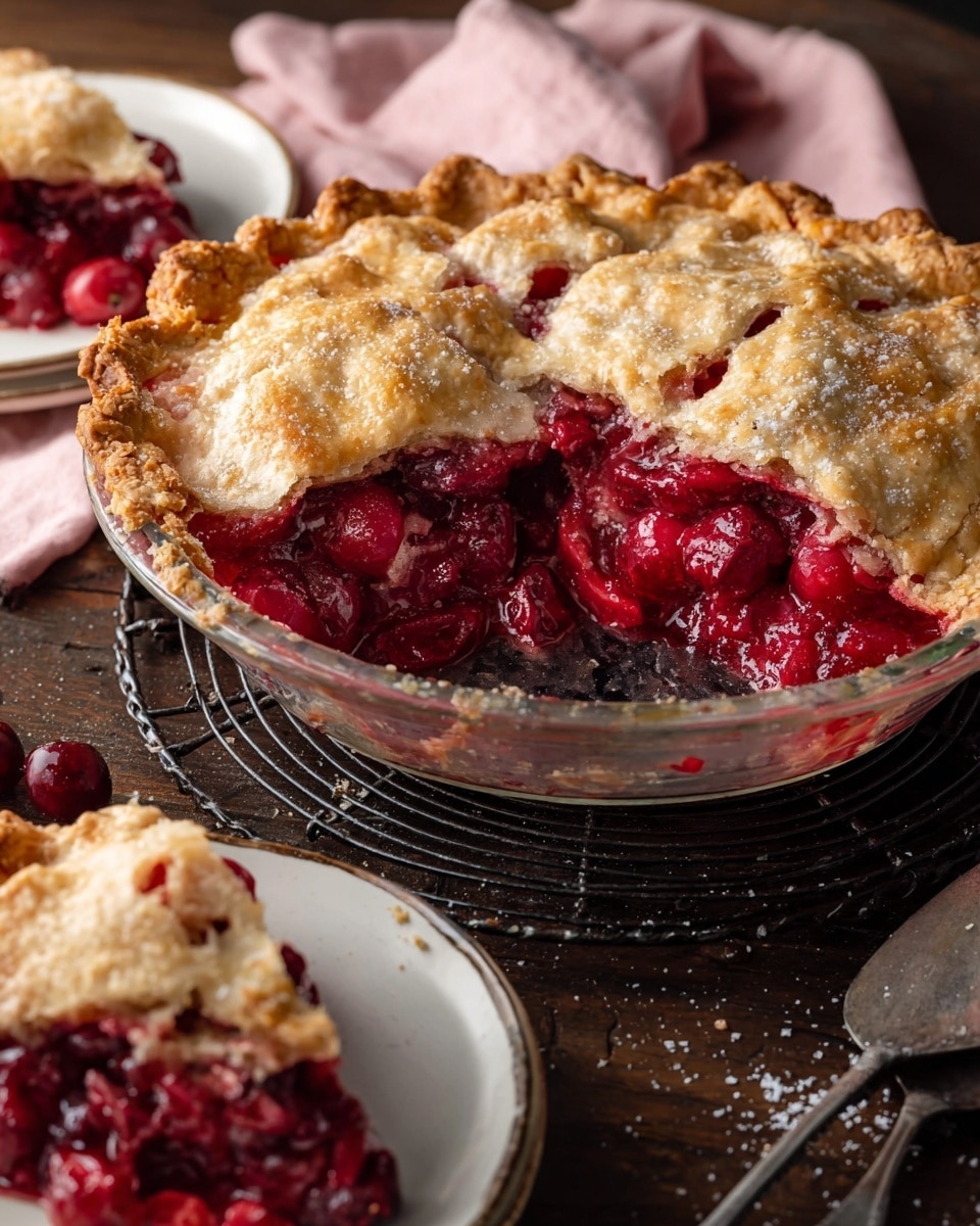 A round cherry pie with a golden brown, flaky top crust sits in a clear glass pie dish with a slice missing, revealing a thick, juicy bright red cherry filling with whole cherries and small fruit pieces inside. The pie rests on a black wire cooling rack over a dark wooden table with some sprinkles of coarse sugar nearby. Two slices of the pie are served on white plates with simple edges, showing the same layered crust and deep red filling. The background includes a soft pink cloth and a silver pie server on the table. photo taken with an iphone --ar 4:5 --v 7
