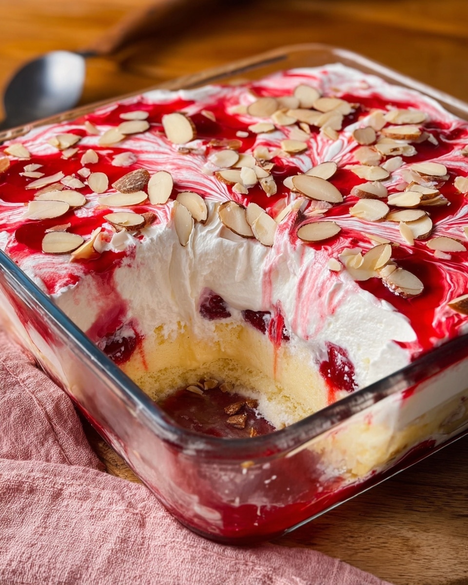 A glass square dish holds a layered dessert with five visible layers: at the bottom is a bright red cherry layer, above that is a soft, sponge-like cake layer with a pale yellow color, then a creamy white layer with a smooth texture, followed by a thick layer of bright white whipped cream topped with swirled red cherry sauce creating a marbled effect. Light brown sliced almonds are scattered generously over the top, adding texture. The dish sits on a wooden surface with a pink cloth nearby, and a portion of the dessert has been scooped out from one corner. photo taken with an iphone --ar 4:5 --v 7