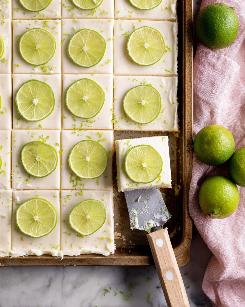 A baking tray holds a single layer of creamy white square bars arranged in a grid, each topped with a thin, round lime slice that has a bright green edge and light green center. The bars have a smooth, slightly glossy surface with faint knife marks dividing them into squares. One bar is lifted on a metal spatula with a light wooden handle, showing its uniform thickness. Small bits of lime zest are scattered lightly over the bars. On the right side, whole limes and a light pink cloth rest on a white marbled surface. Photo taken with an iphone --ar 4:5 --v 7