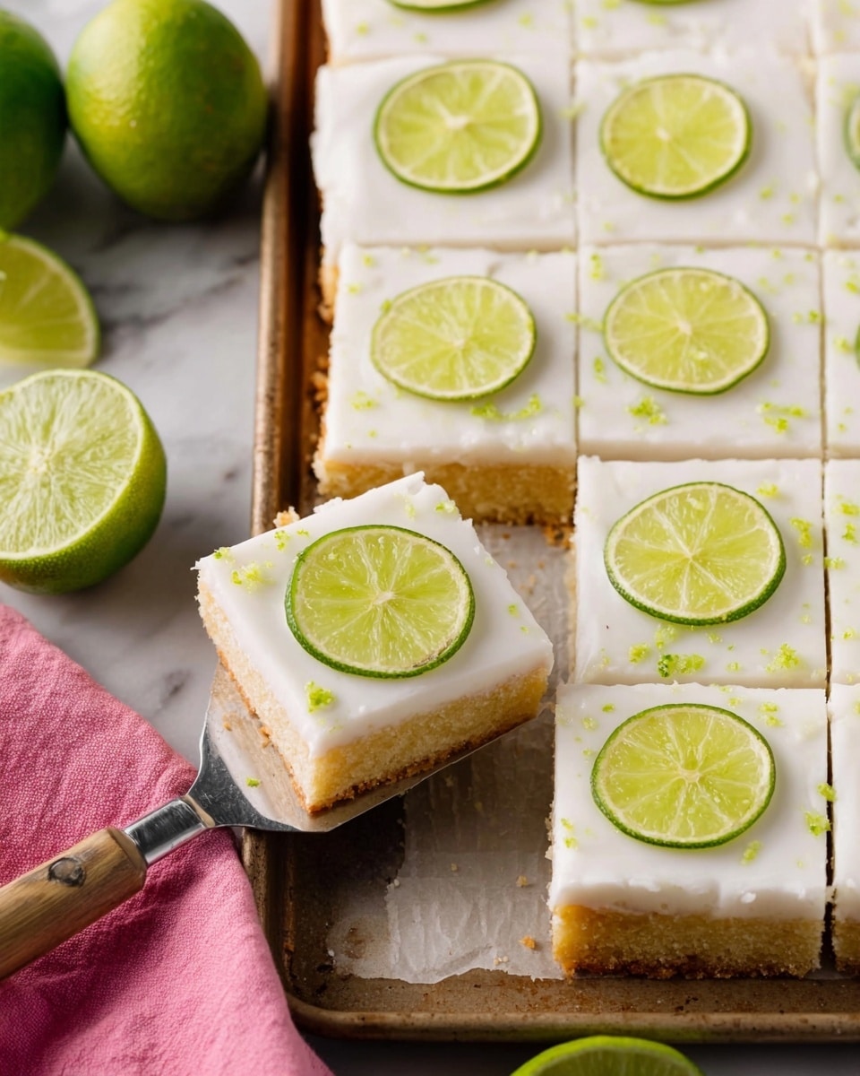 The image shows a tray of square lime bars cut into even pieces, each with two layers. The bottom layer is a light yellow, crumbly crust, and the top layer is thick, smooth white icing. Each piece has a thin circular slice of bright green lime with visible segments centered on top, and tiny bits of lime zest are sprinkled lightly over the icing. One square piece is slightly lifted with a spatula revealing the crust's texture, and whole limes and a pink cloth are placed to the side on a white marbled surface. photo taken with an iphone --ar 4:5 --v 7