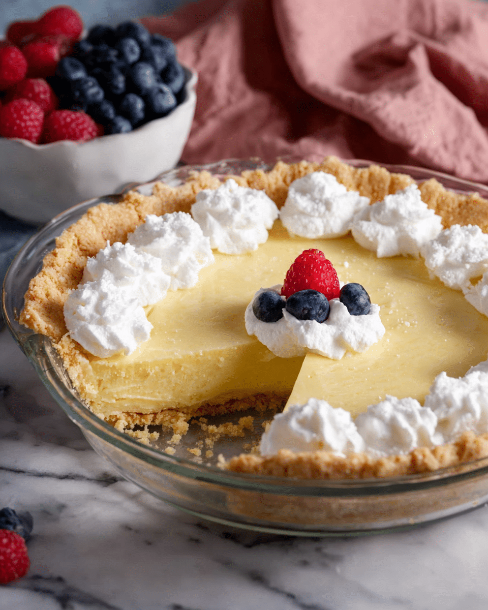 A creamy yellow custard pie in a clear glass pie dish with a golden, slightly crumbly crust. The pie has a thick, smooth custard layer with a slice missing, showing its soft texture inside. Around the edge, there are evenly spaced dollops of white whipped cream with light, airy peaks. In the center of the pie, there is a small cluster of fresh berries including one red raspberry and three dark blue blueberries on a base of whipped cream. Behind the pie, there is a white bowl filled with more blueberries and raspberries, set on a white marbled surface with a folded soft pink cloth nearby. photo taken with an iphone --ar 4:5 --v 7