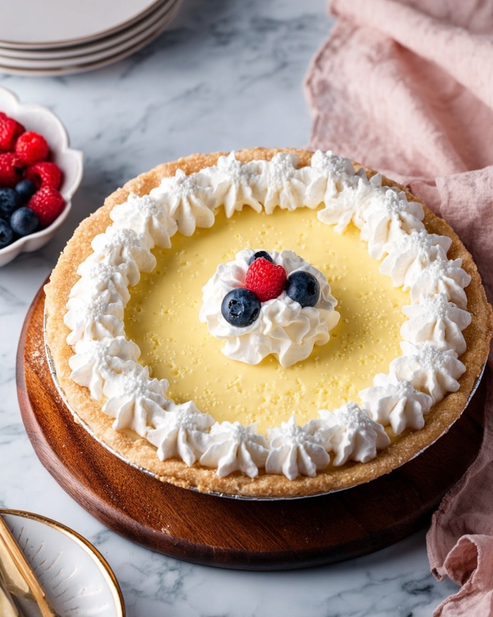 A lemon pie sits on a wooden board placed on a white marbled surface. The pie has three main layers: a golden-brown crust with a soft, slightly rough texture on the outside, a smooth pale yellow lemon filling full of tiny air holes in the middle, and a ring of white whipped cream piped in large star shapes around the top edge. In the center of the filling, there is a small dollop of whipped cream topped with one red raspberry and three plump blueberries. Nearby, a white plate with a gold rim, a white bowl filled with more raspberries and blueberries, and a light pink cloth are visible. Photo taken with an iphone --ar 4:5 --v 7