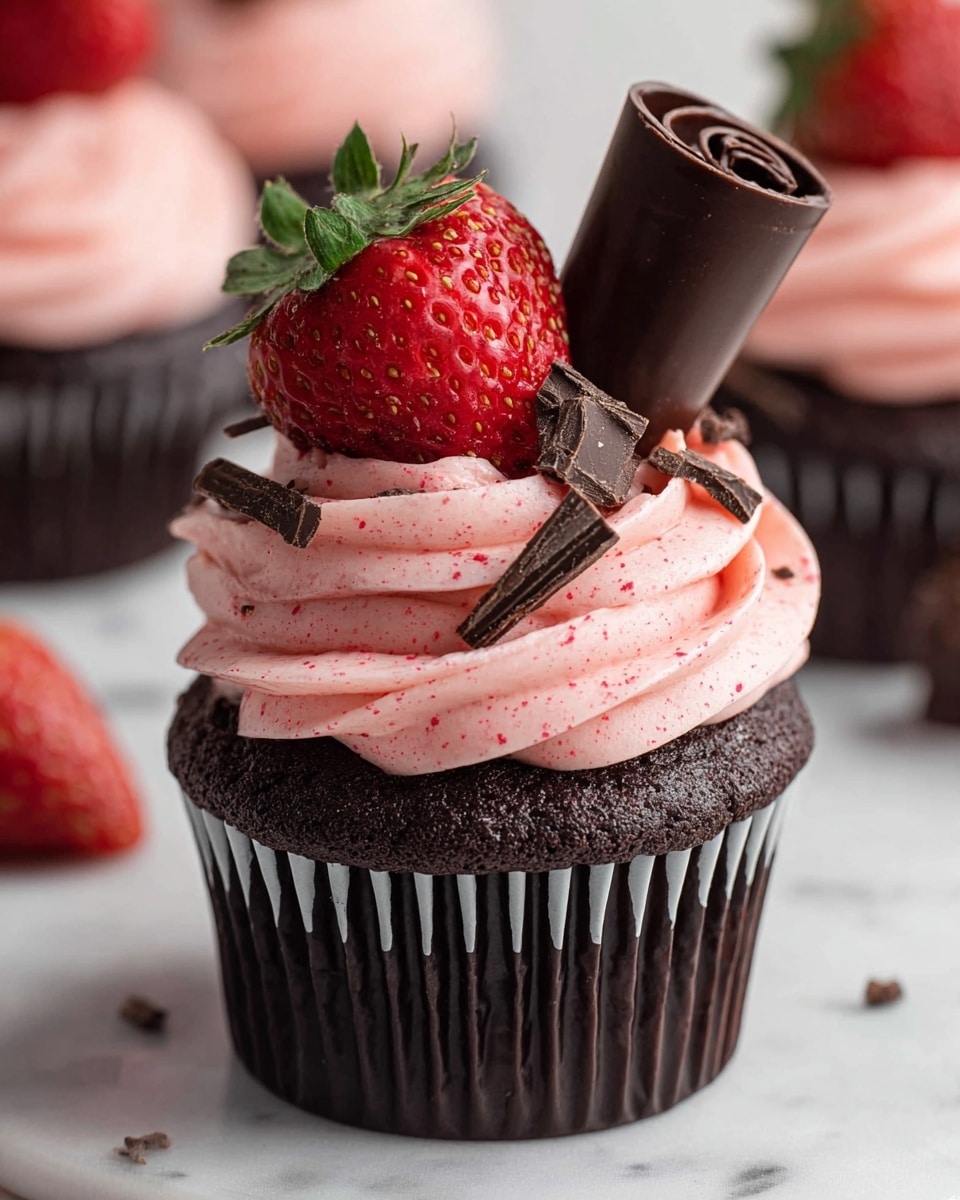 A close-up view of a sliced chocolate cupcake showing three layers: the bottom layer is dark, moist chocolate cake; the middle layer is a shiny, gooey chocolate filling that looks rich and smooth; the top layer is a thick, fluffy pink frosting with a slightly rough texture and tiny chocolate shavings on top. The cupcake rests in a dark paper liner, and it sits on a white plate placed on a white marbled surface. A blurred background shows a pink and white striped cloth and some out-of-focus strawberries. Photo taken with an iphone --ar 4:5 --v 7
