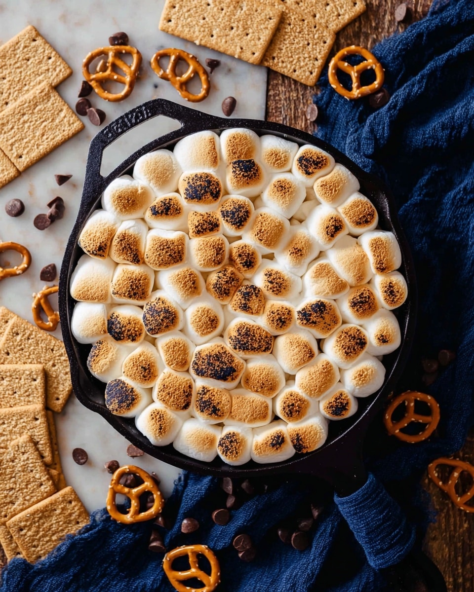 This image shows a black cast iron skillet filled with one layer of golden brown toasted marshmallows, each marshmallow perfectly puffed and slightly cracked, covering the entire top surface. The skillet sits on a white marbled texture, with scattered small pretzels and chocolate chips around it. To the left and bottom right of the skillet, there are beige rectangular graham cracker pieces spread out in a fan shape. A dark blue cloth is partially visible under the skillet and some pretzels. The scene gives a warm, cozy feeling with a rustic touch. photo taken with an iphone --ar 4:5 --v 7
