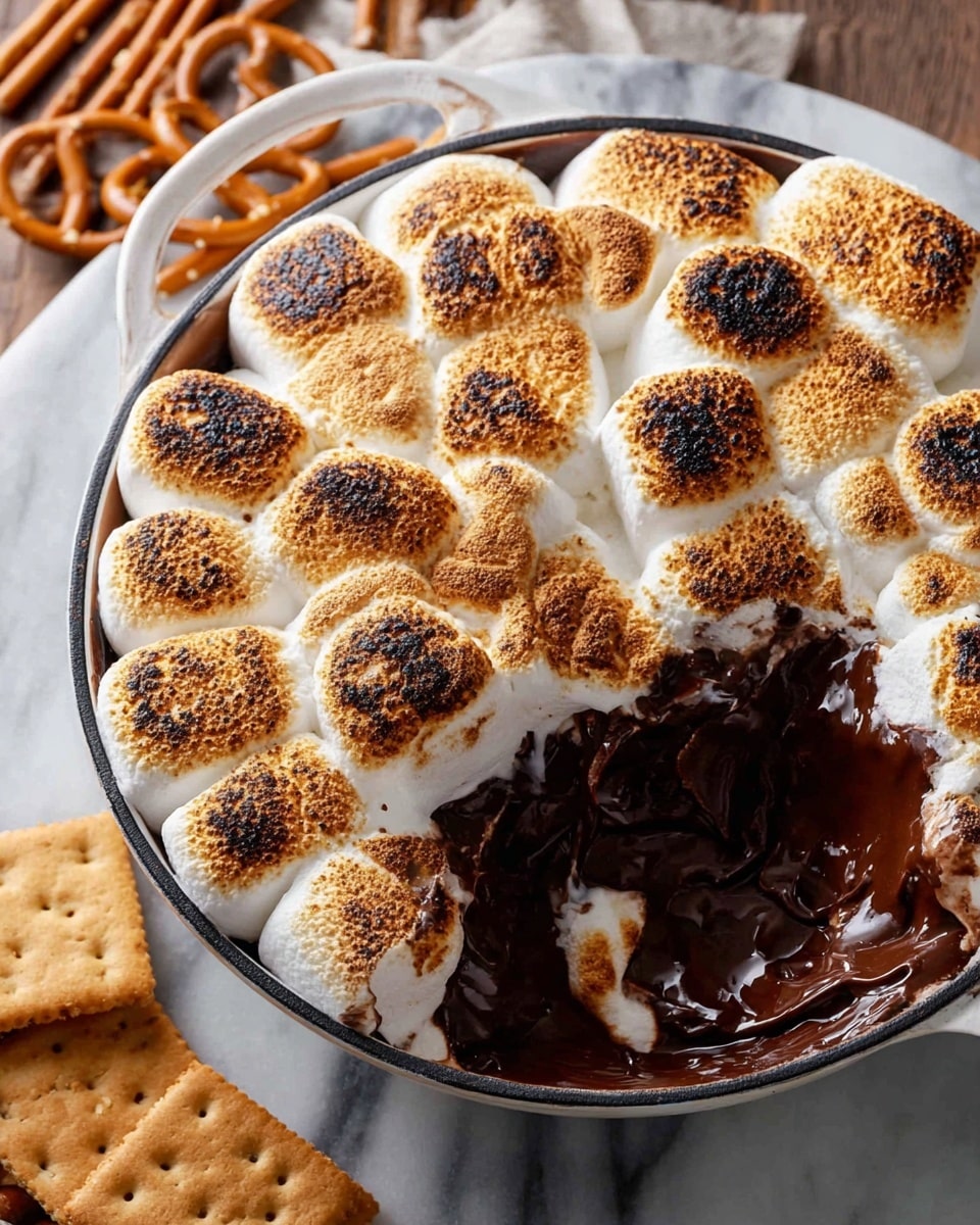A white skillet filled with a melted chocolate and marshmallow dessert is shown, with the top layer made up of about fifteen large toasted marshmallows that are golden brown and have a cracked texture. One side of the dessert is scooped out, revealing a thick, gooey layer of rich dark chocolate mixed with soft, melted white marshmallow underneath the toasted tops. The skillet sits on a white marbled surface, with a few graham crackers and pretzels nearby. Photo taken with an iphone --ar 4:5 --v 7
