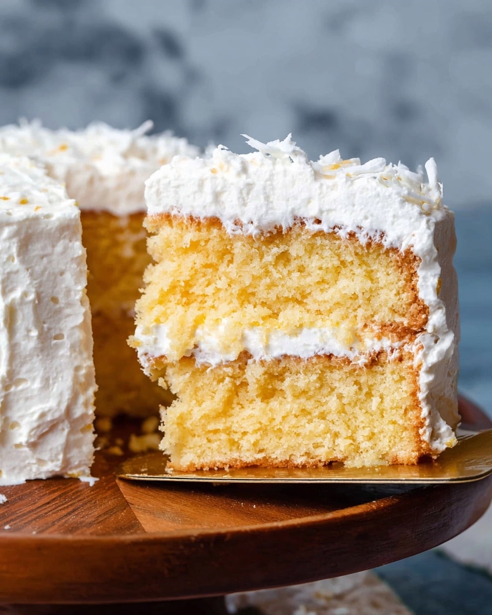 A close-up of a two-layer yellow sponge cake with a thick layer of white frosting between the layers and on top. The cake looks soft and moist, with the frosting having a fluffy, creamy texture. The slice is held by a cake server on a wooden tray, with the whole cake in the background. The background has a white marbled texture. Photo taken with an iphone --ar 4:5 --v 7
