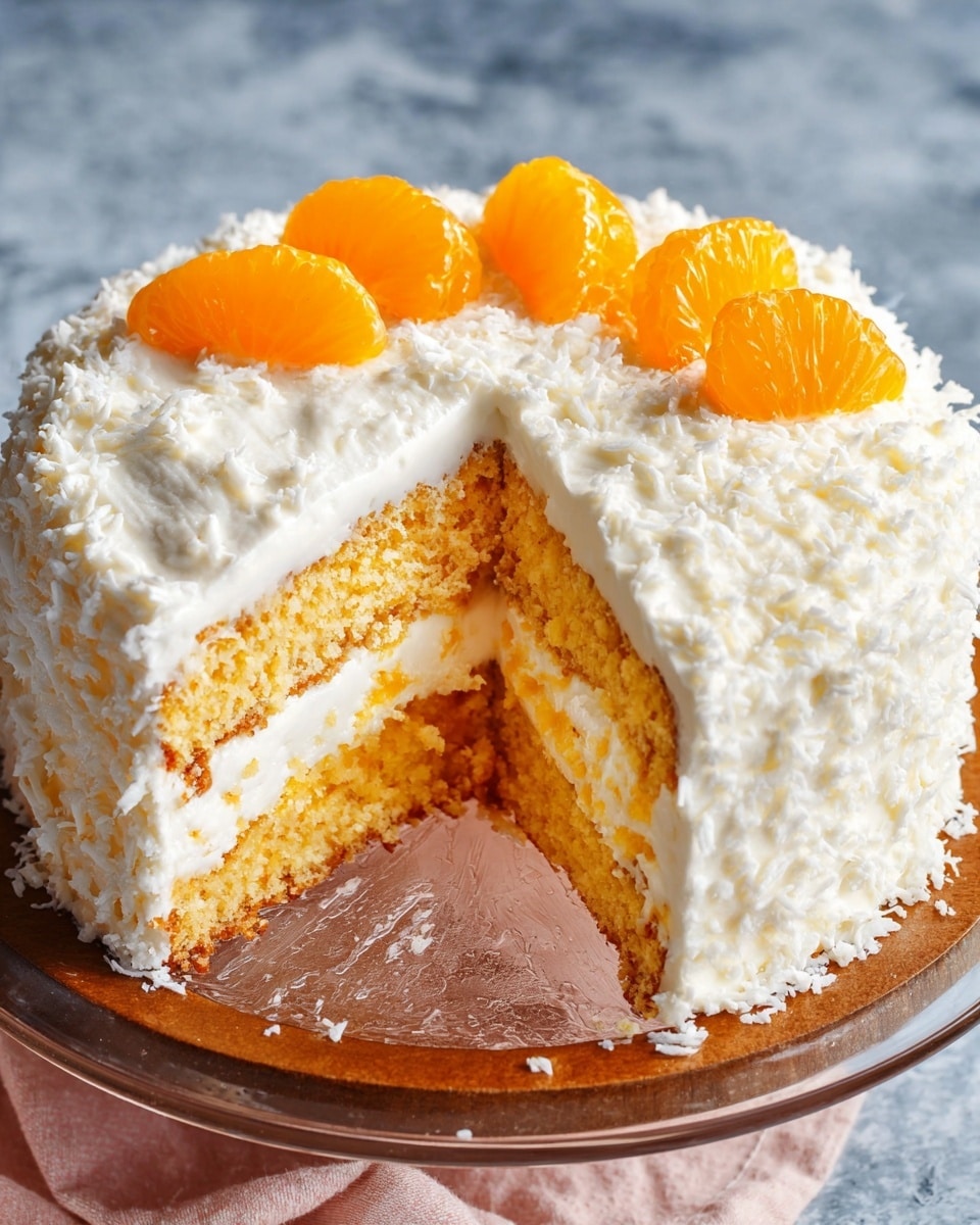The image shows a two-layer round cake with a light orange-yellow sponge. Each layer is separated by a thick spread of white creamy frosting, which also covers the entire outside of the cake in a textured, slightly fluffy style. The top of the cake is decorated with six bright orange mandarin segments arranged in a small circle near the center. The cake is placed on a white marbled textured surface. The plate holding the cake is clear but changed to white color. A slice is cut out, revealing the moist texture of the cake layers and creamy filling inside. photo taken with an iphone --ar 4:5 --v 7