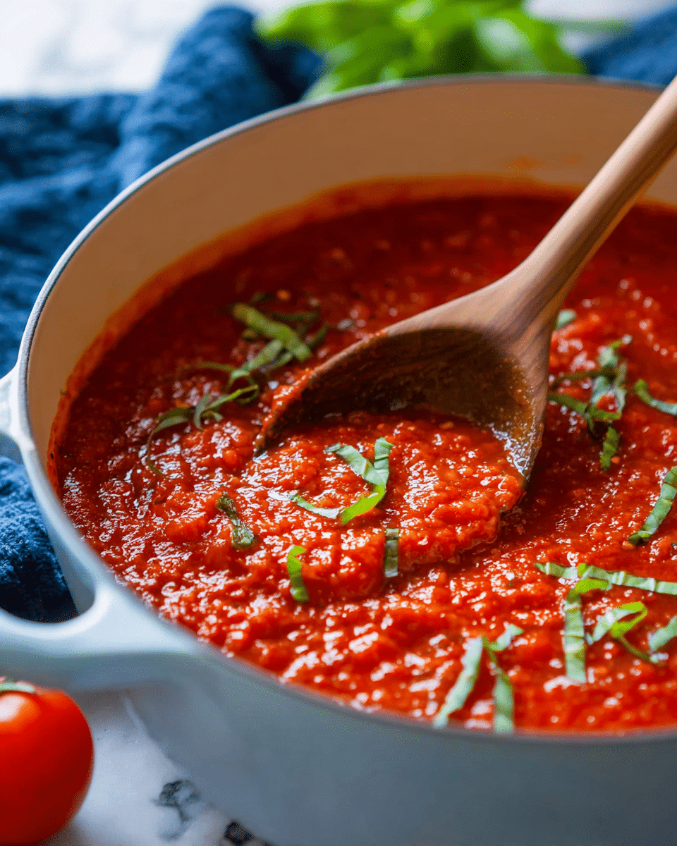A deep white pot filled with thick red tomato sauce that has a slightly chunky texture. Bright green basil strips are spread on top, adding a fresh contrast. A wooden spoon is partially dipped into the sauce, showing some sauce dripping off its smooth surface. The background features a white marbled texture with hints of blue fabric in the corner and a small tomato and green basil leaves near the pot. photo taken with an iphone --ar 4:5 --v 7