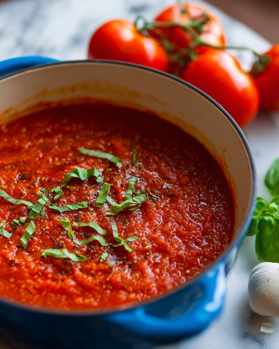 A close-up view of a thick, bright red tomato sauce inside a white pot with a blue exterior. The sauce has a chunky texture and is topped with thinly sliced green basil leaves and a light sprinkle of black pepper. Next to the pot are two whole red tomatoes with green stems and a single garlic clove, all placed on a white marbled surface. The background is softly blurred to keep focus on the sauce and fresh ingredients. photo taken with an iphone --ar 4:5 --v 7