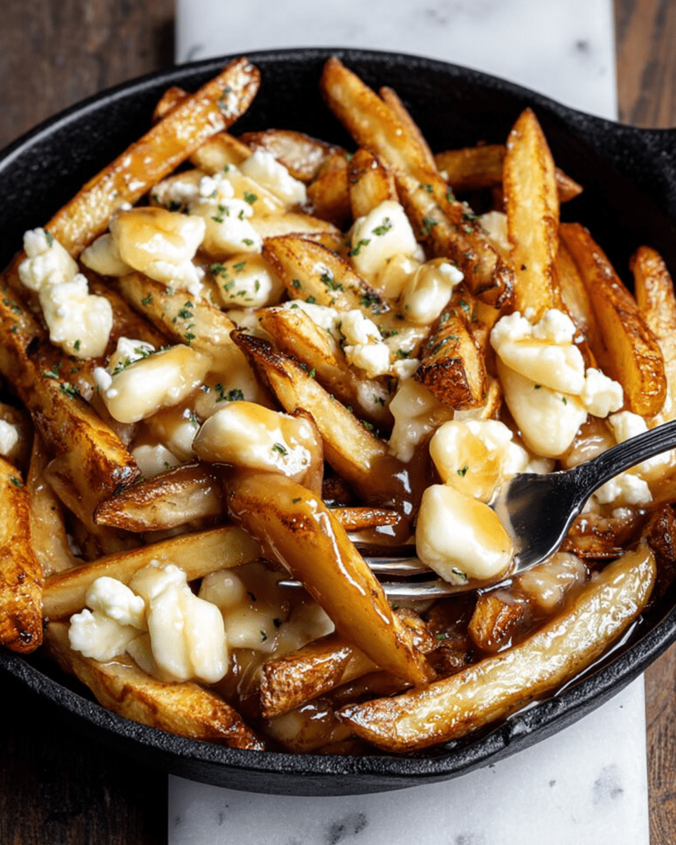 A close-up of a black skillet filled with golden brown fries that have a crispy texture and some darker edges, mixed with white soft cheese curds that are slightly melted and scattered evenly throughout the fries, all coated lightly with a glossy, rich brown gravy. A silver fork is digging into the fries on the right side, lifting some pieces. The skillet sits on a white marbled surface. photo taken with an iphone --ar 4:5 --v 7