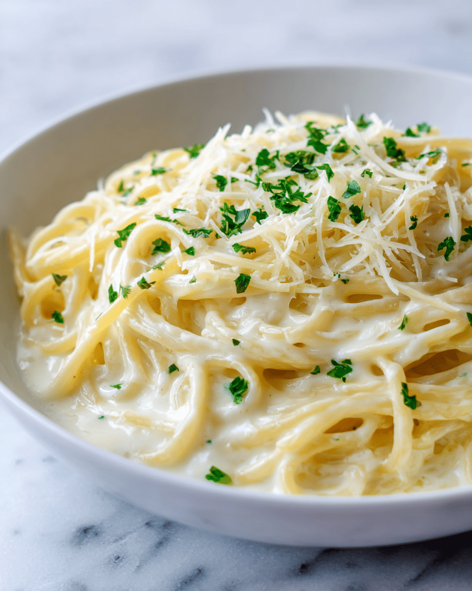 A white square bowl filled with creamy fettuccine pasta, coated evenly in a smooth, pale yellow Alfredo sauce. On top, there is a light sprinkling of grated Parmesan cheese in thin, slightly curly shreds mixed with small pieces of fresh green parsley. A silver fork is placed inside the bowl, leaning against the edge. The bowl is set on a white marbled surface with a hint of a purple cloth nearby. Photo taken with an iphone --ar 4:5 --v 7