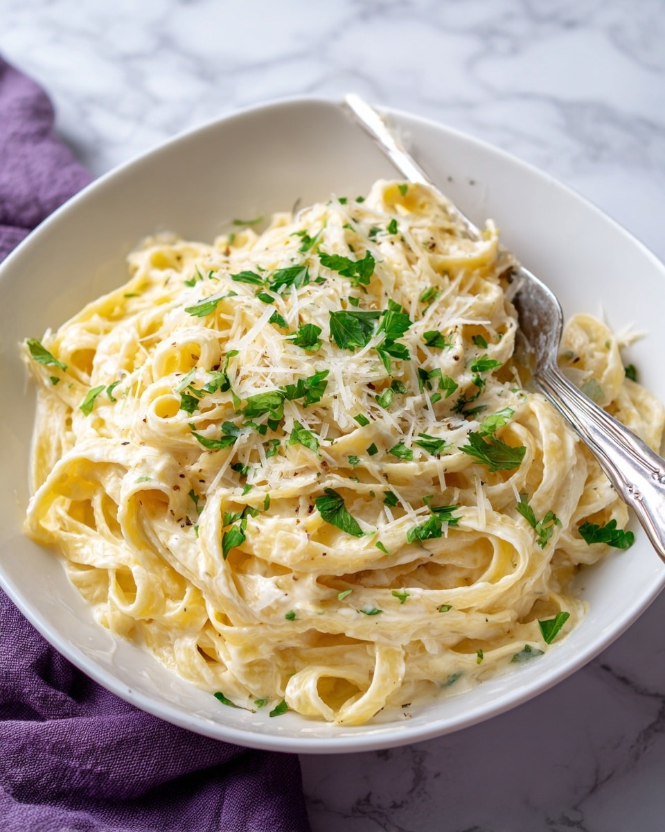 A close-up image of a white bowl filled with creamy spaghetti pasta coated in a thick, smooth white cheese sauce. The pasta strands are long and twisted, layered densely from the bottom to the top of the bowl. Small green parsley pieces are scattered on top, adding a touch of color. Thin shreds of pale yellow parmesan cheese are sprinkled over the pasta, resting mainly on the upper layers. The bowl sits on a white marbled surface that softens the background. photo taken with an iphone --ar 4:5 --v 7