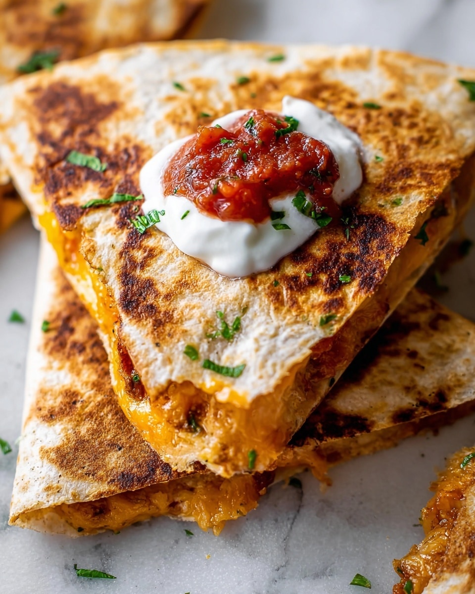 The image shows a close-up of two folded, golden brown quesadilla triangles stacked on top of each other on a white marbled surface. The top quesadilla has a crispy toasted texture with visible melted cheddar cheese oozing slightly from the edges, and finely chopped green herbs sprinkled on top. A dollop of white sour cream and red salsa with chunky texture sits on the upper quesadilla near the center. The bottom quesadilla also has melted cheese inside and toasted grill marks on the surface. The overall look is warm, crispy, and cheesy with vibrant garnishes. Photo taken with an iphone --ar 4:5 --v 7
