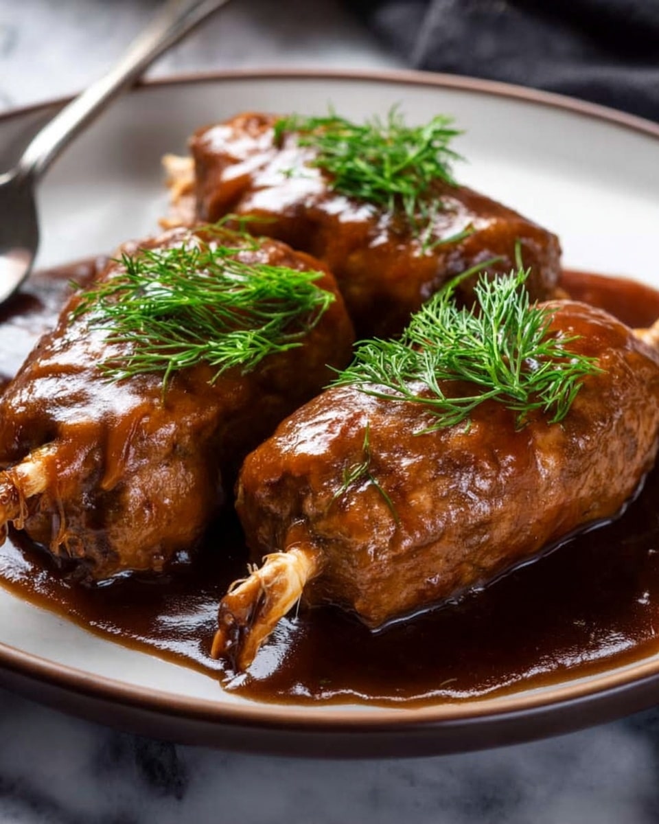 The image shows three thick stuffed meat rolls covered in a shiny brown sauce, placed on a white plate. Each roll is cylindrical, tied at the ends with string, and topped with fresh green dill sprigs. The sauce pools around the meat, adding a glossy dark brown layer beneath the rolls. A silver fork rests near the edge of the plate, which sits on a white marbled surface. Photo taken with an iphone --ar 4:5 --v 7