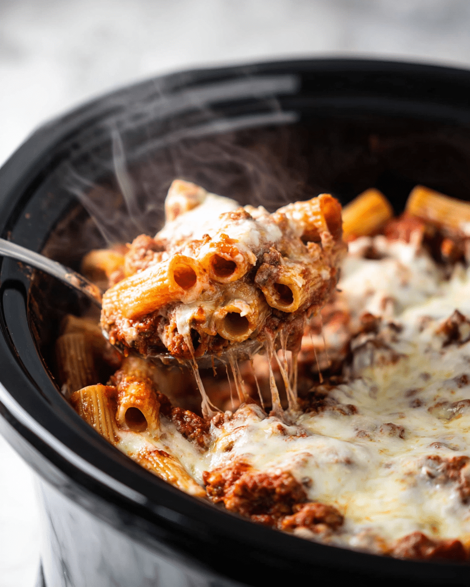 The image shows a close-up of a cooked baked pasta dish inside a black slow cooker. The pasta layers include rigatoni noodles covered with rich red tomato sauce mixed with ground meat, creamy white ricotta cheese, and melted white mozzarella cheese on top. The melted cheese layer looks gooey and stretches slightly as a spoon scoops into the pasta. Steam rises from the hot dish, giving it a freshly cooked appearance. The slow cooker rests on a white marbled surface. photo taken with an iphone --ar 4:5 --v 7
