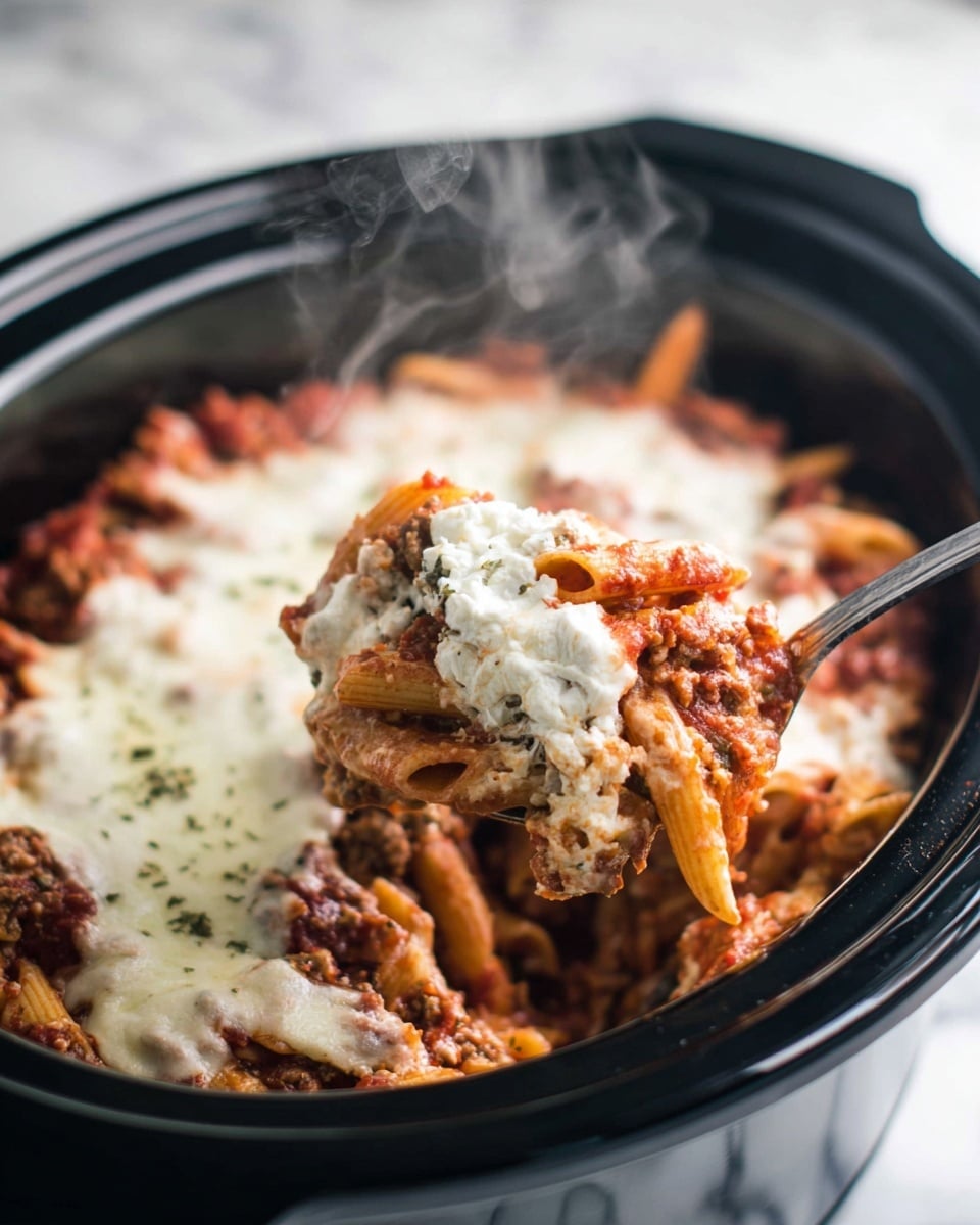 The image shows a close-up of a baked pasta dish in a black slow cooker. The dish has multiple layers: at the bottom, there is a bed of cooked penne pasta mixed with chunky red tomato sauce and bits of ground meat. Above that, there is a thick layer of white ricotta or cottage cheese mixed with herbs, topped with another layer of pasta and sauce. The top layer is covered with melted white mozzarella cheese that is creamy and slightly browned in spots. Steam is rising from the hot dish, and a metal spoon is lifting a portion, revealing the layered interior of the pasta, cheese, and sauce. The slow cooker is placed on a white marbled surface. Photo taken with an iphone --ar 4:5 --v 7