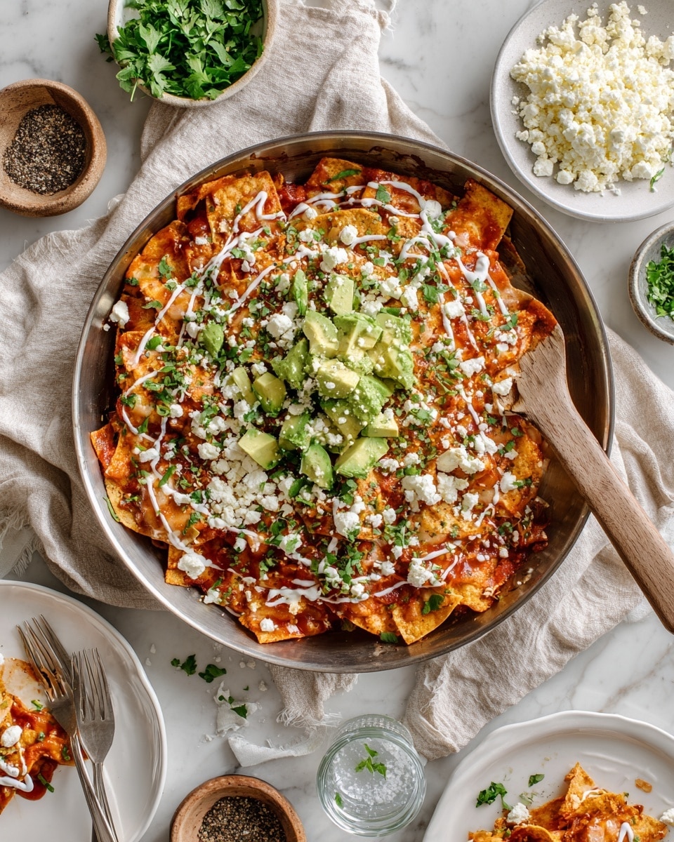A round pan filled with several triangular crispy tortilla chips layered evenly across a thick, reddish-orange sauce base, topped with scattered chunks of light green avocado, white creamy drizzles, and crumbled white cheese. Small green cilantro leaves are sprinkled on top, adding contrast to the warm tones. The pan sits on a white marbled surface. photo taken with an iphone --ar 4:5 --v 7