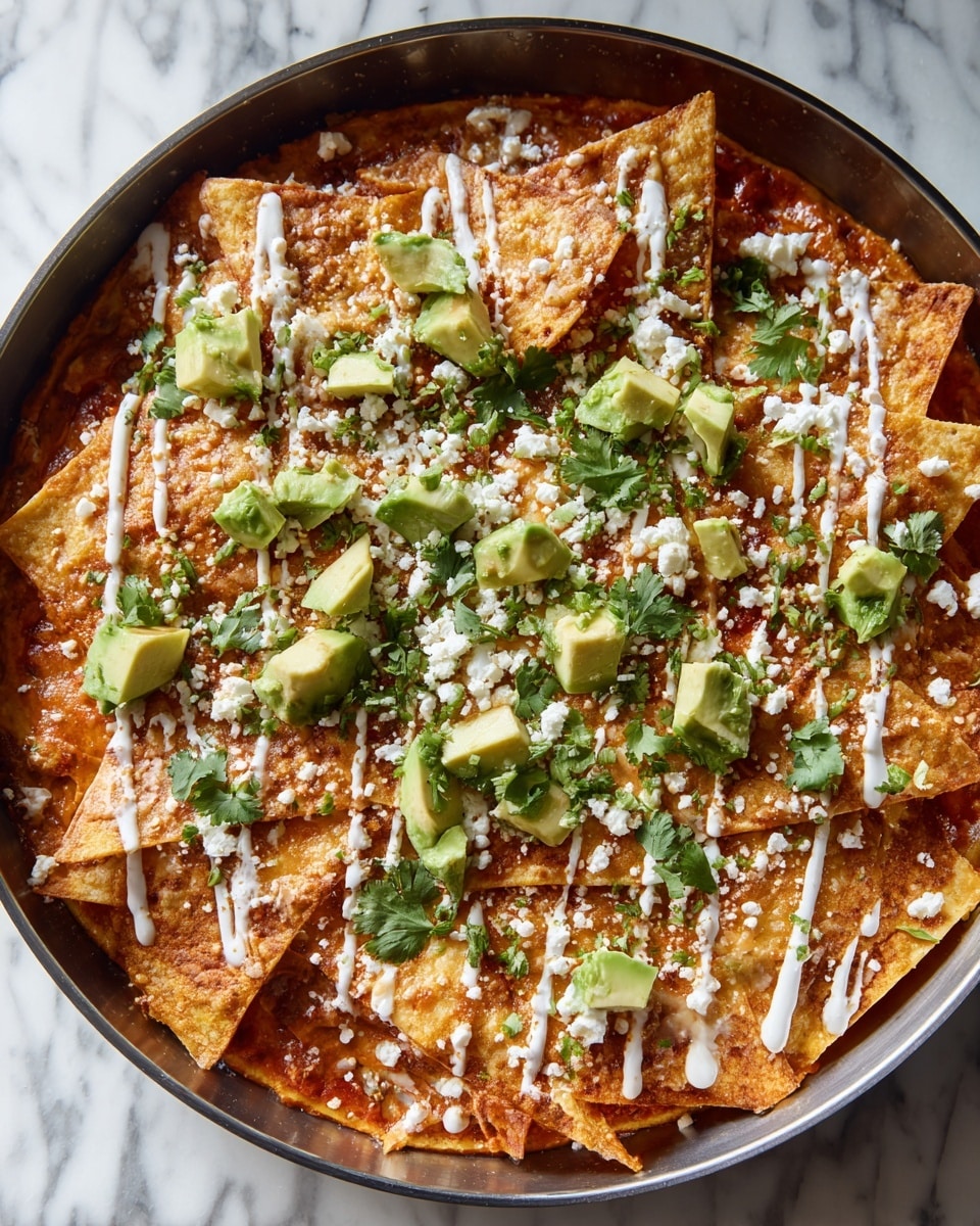 A large metal pan filled with layered tortilla chips covered in a reddish sauce, topped with white cream drizzle, chunks of light green avocado, and small bits of white cheese, garnished with chopped green herbs, with a wooden spatula resting inside the pan. Surrounding the pan are a white bowl of crumbly white cheese, a white plate with fresh green herbs, a white plate with some chips and sauce, a white plate with a fork, and small glass bowls containing black pepper and coarse salt, all placed on a light beige fabric over a white marbled surface. photo taken with an iphone --ar 4:5 --v 7