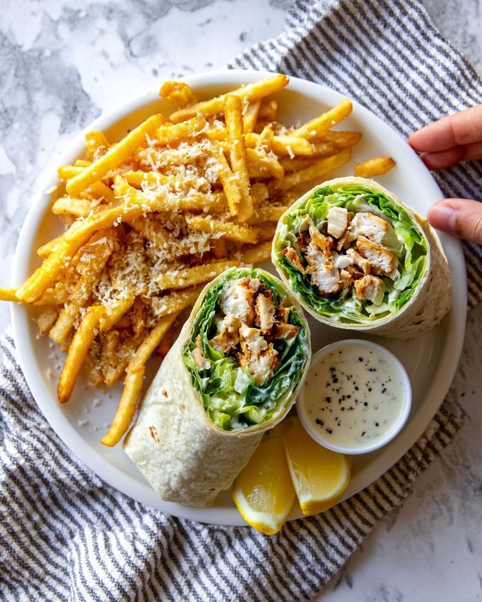 A white round plate sits on a white marbled surface with a striped cloth underneath, holding a meal of a wrap cut in half, golden crispy fries, a small white cup of creamy sauce with black pepper specks, and two lemon wedges at the side. The wrap is made of a soft light tortilla with visible layers of bright green lettuce, chunks of grilled chicken, and creamy white sauce, all wrapped tightly. The fries are golden yellow and sprinkled with grated cheese. A woman's hand is reaching towards the plate from the right side. Photo taken with an iphone --ar 4:5 --v 7