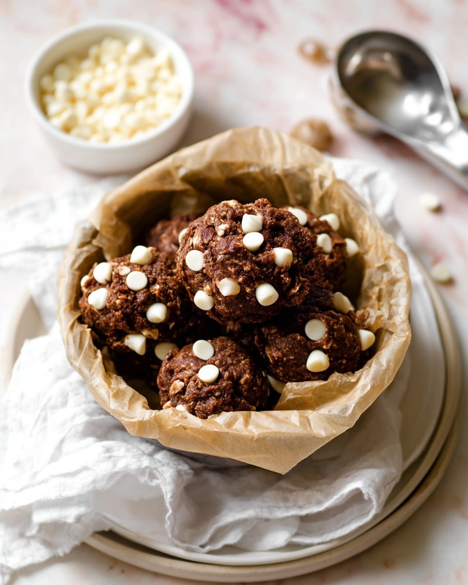 A round bowl lined with crinkled parchment paper holds several dark brown cookie dough balls with a rough, chunky texture. Each dough ball has many small, white chocolate chips scattered on top, standing out against the darker dough. The bowl sits on a white cloth with light wrinkles, which lies on a white plate with a smooth finish. In the background, there is a small white bowl filled with more white chocolate chips and a silver ice cream scoop resting nearby. The surface beneath everything has a white marbled texture. photo taken with an iphone --ar 4:5 --v 7