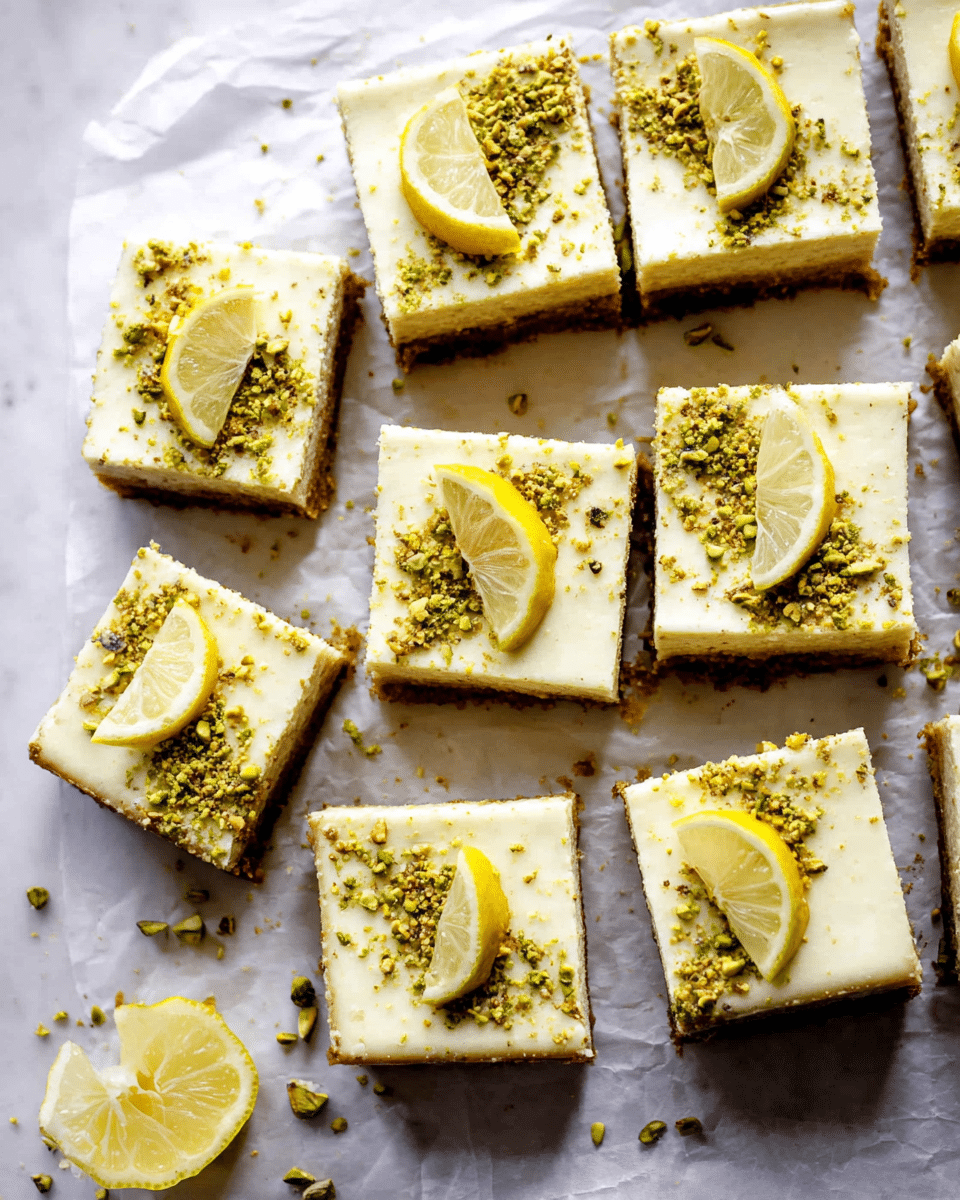 Nine square slices of a dessert are arranged closely on white parchment paper over a white marbled surface. Each slice has two layers: a thick, light golden-brown base and a smooth, creamy off-white top layer. On top of each piece, there is a small, thin lemon wedge placed near one corner, and a small sprinkling of crushed pistachios sits beside the lemon, adding green and brown specks. Some pistachio crumbs are scattered around the slices on the parchment. photo taken with an iphone --ar 4:5 --v 7