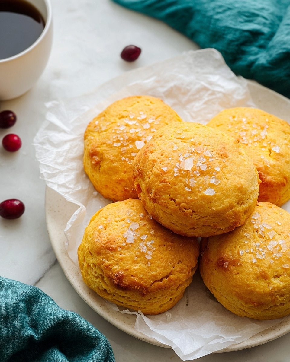 A close-up top view of five golden brown biscuits placed closely on a white plate lined with crinkled white parchment paper; each biscuit is round with a slightly rough and flaky texture, topped with coarse salt crystals that glisten subtly. The biscuits have a warm, yellowish-orange color with some browner spots showing the baked edges and a soft, crumbly look. The plate rests on a white marbled surface with a few dark red cranberries scattered nearby for a touch of color, and a teal cloth partially visible to the side adds contrast. In the top corner, a white cup with dark coffee is just partly seen. photo taken with an iphone --ar 4:5 --v 7