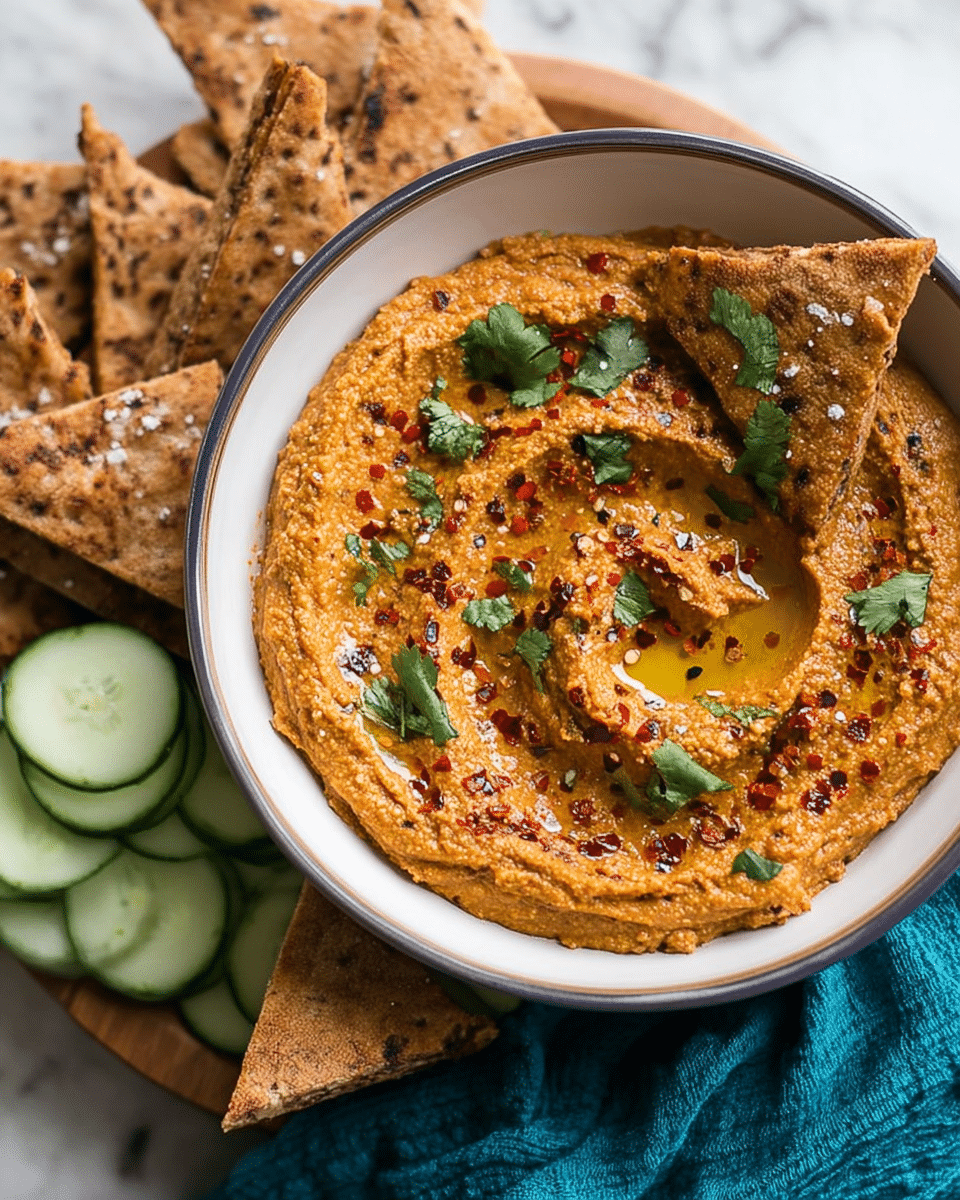 A bowl filled with thick, smooth, orange-brown hummus with visible red chili flakes and black pepper mixed in, swirled on top with a small pool of olive oil in the center; fresh green cilantro leaves are scattered over the hummus. The bowl is white with a thin dark rim and sits on a wooden surface next to triangular toasted pita bread pieces, golden brown with a sprinkle of coarse salt. On the side of the bowl, thin, round pale green cucumber slices are stacked neatly. A dark turquoise cloth is partially visible at the bottom left corner. All of this is set on a white marbled textured background. photo taken with an iphone --ar 4:5 --v 7