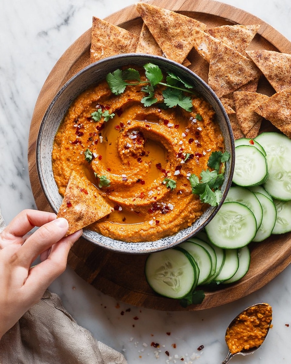 A bowl filled with a thick, orange-red spread with a smooth, slightly chunky texture is centered on a wooden board. The spread is swirled with a shallow well in the middle, drizzled with golden oil, sprinkled with flakes of salt and crushed red pepper, and topped with fresh green cilantro leaves. To the right of the bowl, there are many thin, pale green cucumber slices arranged in a slight curve. Around the bowl, toasted triangular pita chips with a golden-brown color and some salt crystals rest on the wooden board. A woman's hand is holding one of the pita chips and dipping it into the spread. A spoon with some of the spread on it lies on the wooden surface near the bottom right corner. The setting is placed on a white marbled surface. Photo taken with an iphone --ar 4:5 --v 7