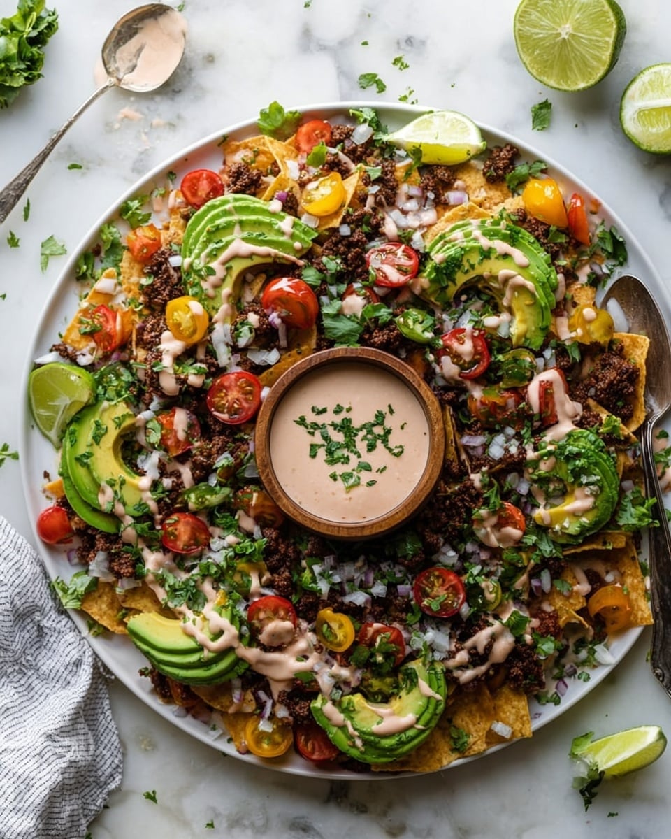 A large white plate sits on a white marbled surface, filled with a colorful nacho dish arranged in a circular pattern around a small wooden bowl of creamy sauce sprinkled with green herbs in the center. The base layer consists of dark brown seasoned ground meat and crispy nacho chips mostly hidden under toppings. On top, there are sliced green avocados with smooth, creamy texture, halved red and yellow cherry tomatoes, finely chopped white onions, and fresh green cilantro leaves scattered all over. Light pink sauce is drizzled on top, adding a creamy contrast. Lime wedges are placed decoratively around the edges of the plate, and a spoon with some sauce rests on the surface near the plate. Photo taken with an iphone --ar 4:5 --v 7