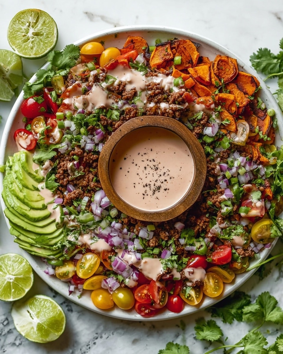 A large white plate filled with several layers, starting with a base of cooked ground meat and browned sweet potato slices. On top, there are scattered chopped red onions, green onions, and fresh cilantro leaves, adding green and purple textures. Bright red, yellow, and orange cherry tomatoes are halved and arranged all around. Thin, sliced avocado pieces are placed in small clusters along the edges. A creamy light pink sauce is drizzled over the entire dish. At the center, a small wooden bowl contains a creamy sauce sprinkled with lime zest and black pepper. Lime wedges and cilantro leaves decorate the white marbled surface around the plate. Photo taken with an iphone --ar 4:5 --v 7